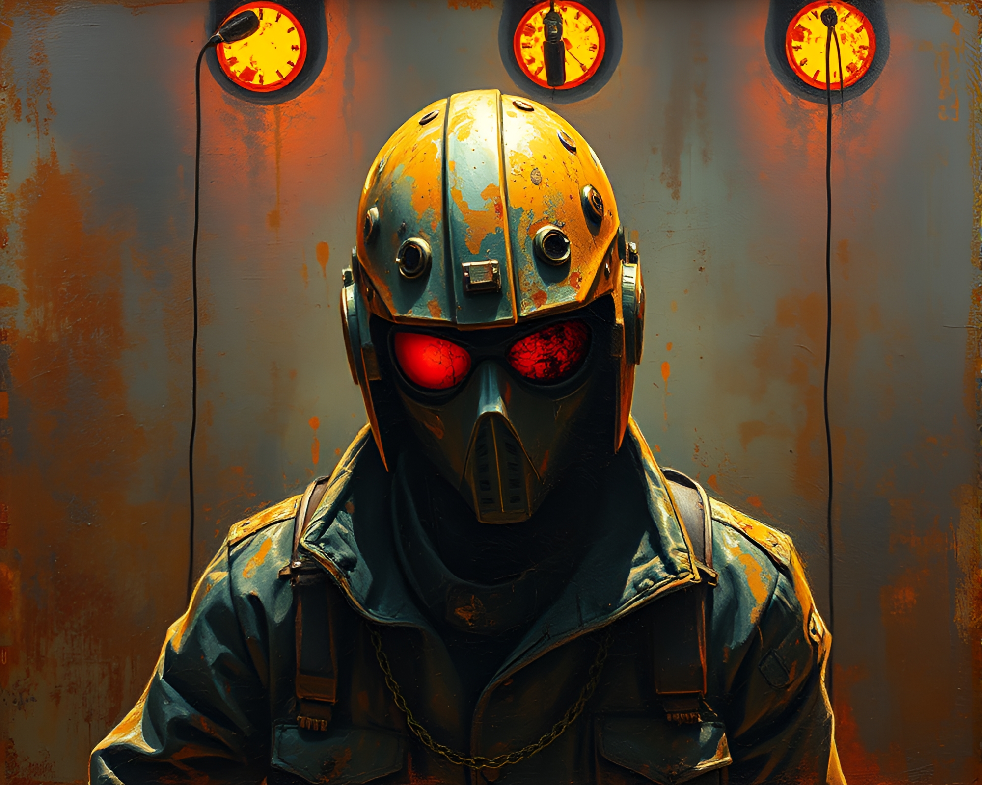 Rust Patina Cyberpunk Vigilante in Impressions of Light – free AI stock image