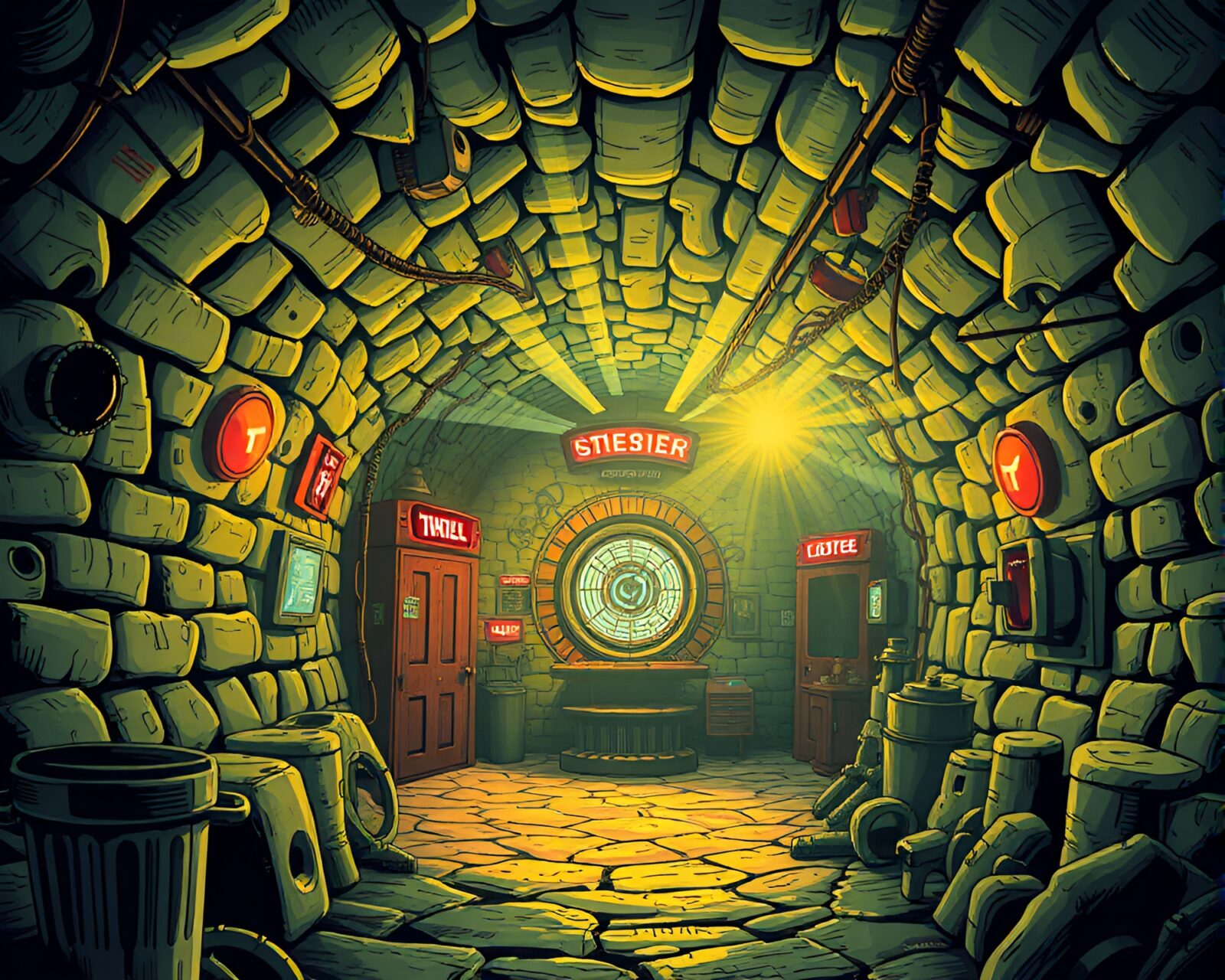 Gritty steampunk bunker with swirling lights and strobes
