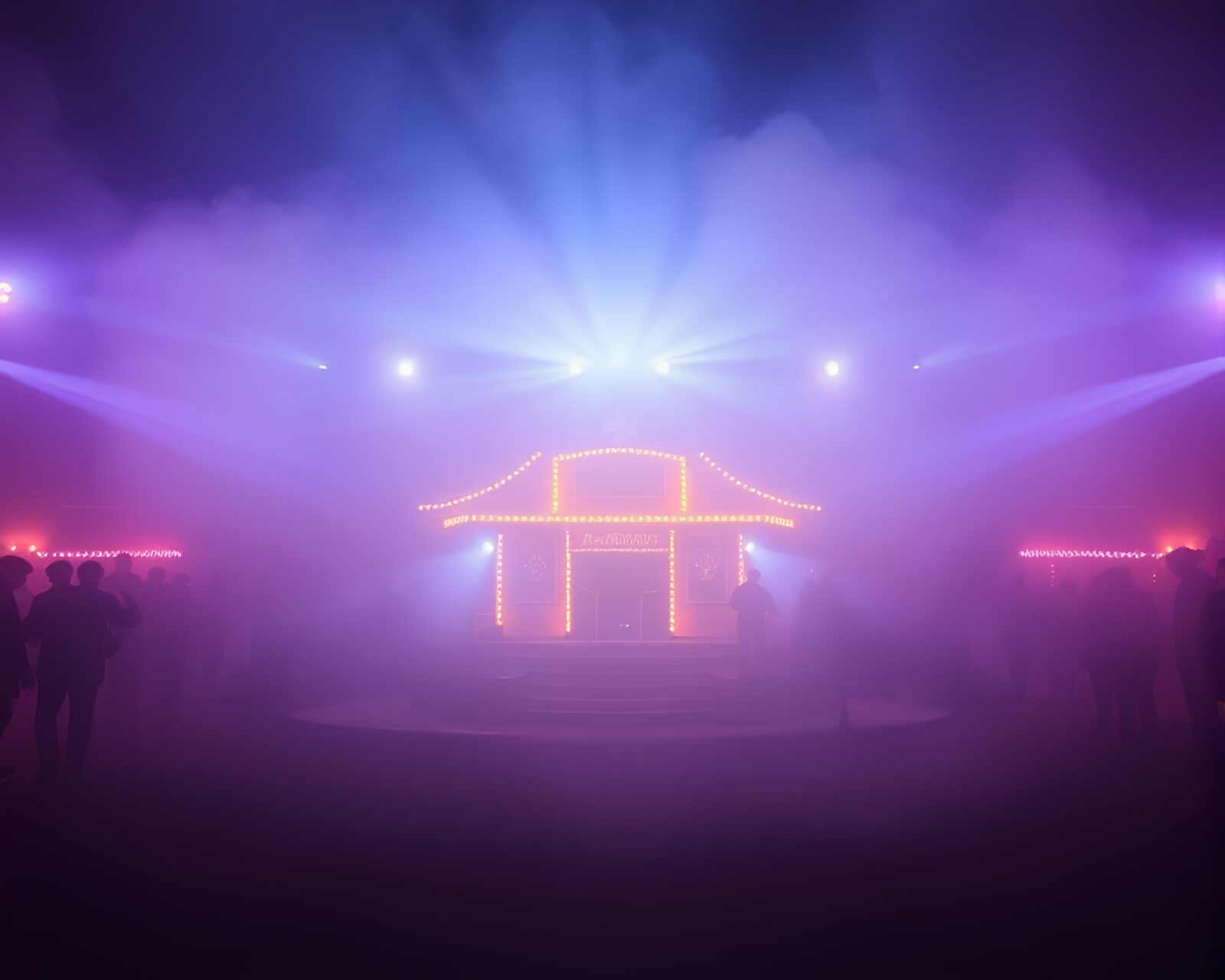 Stagecoach engulfed in smoky LED light art haze