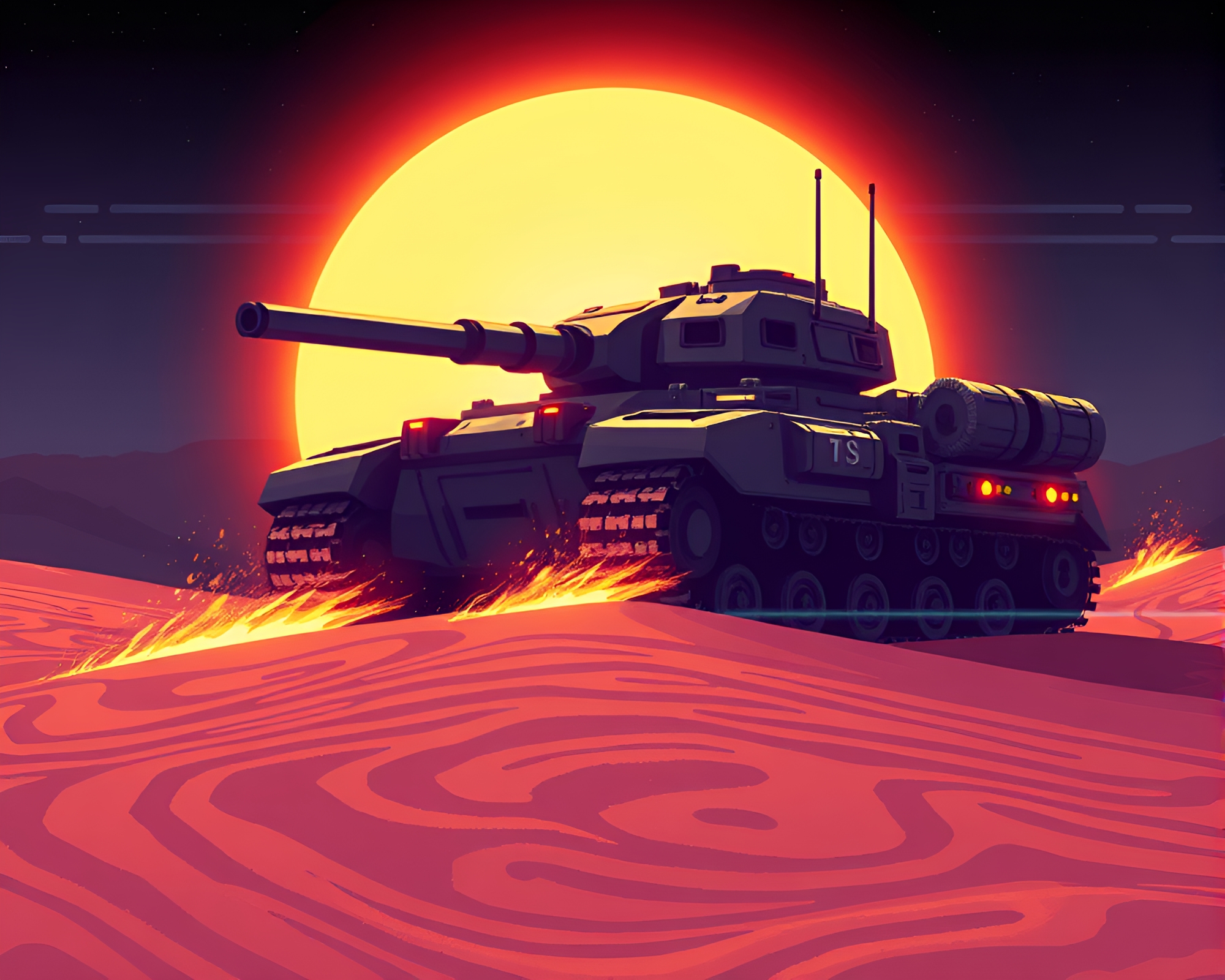 Sand Swirl Armored Tank in Solar Flare Glow – free AI stock image