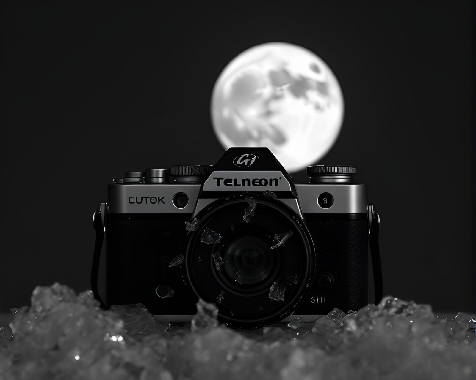 Grunge camera-style image of ice crystals under moonlight