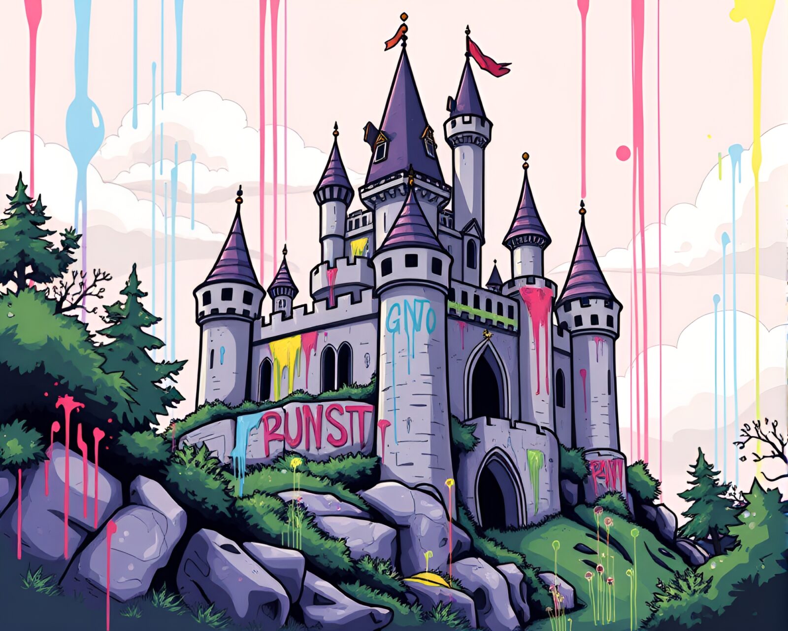 Colorful cartoon castle with graffiti dripping walls