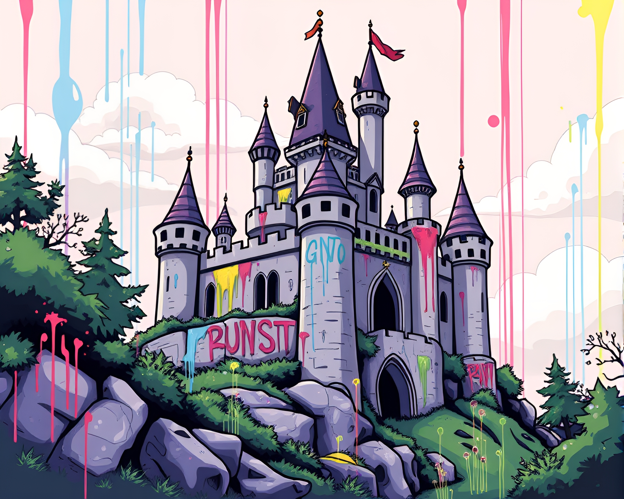 Graffiti Dripping Castle in Triadic Colors Cartoon – free AI stock image