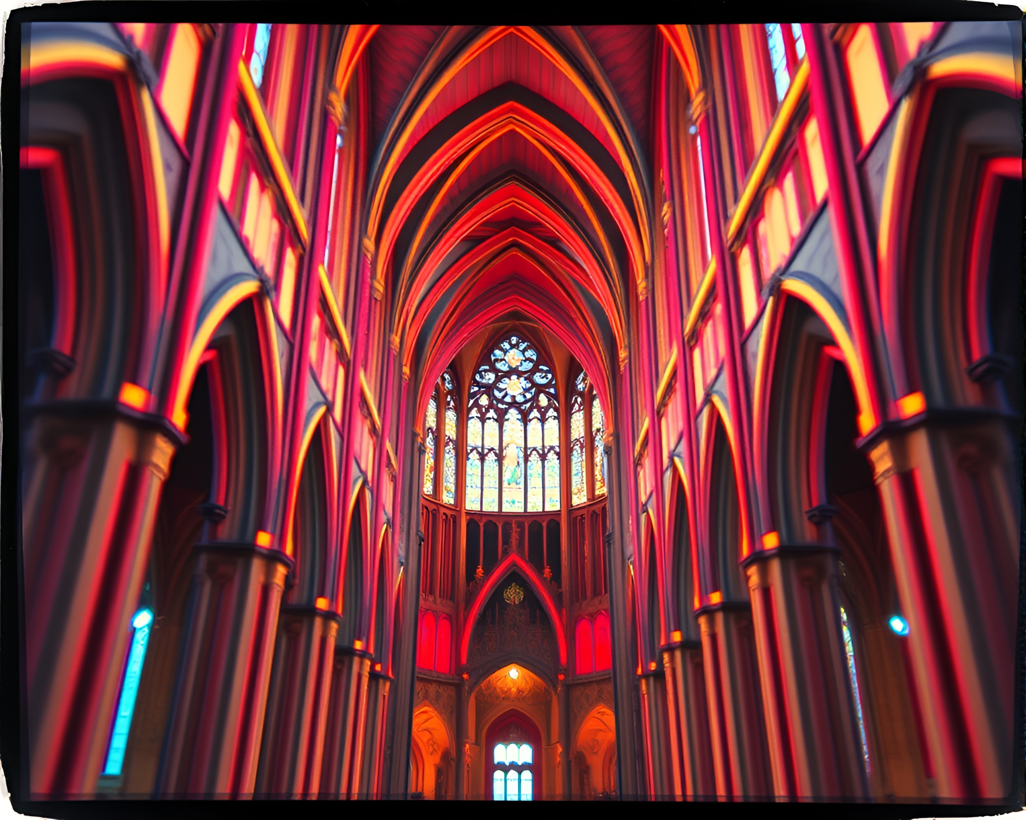 Neon Gothic Cathedral Through Distorted Lens – free AI stock image