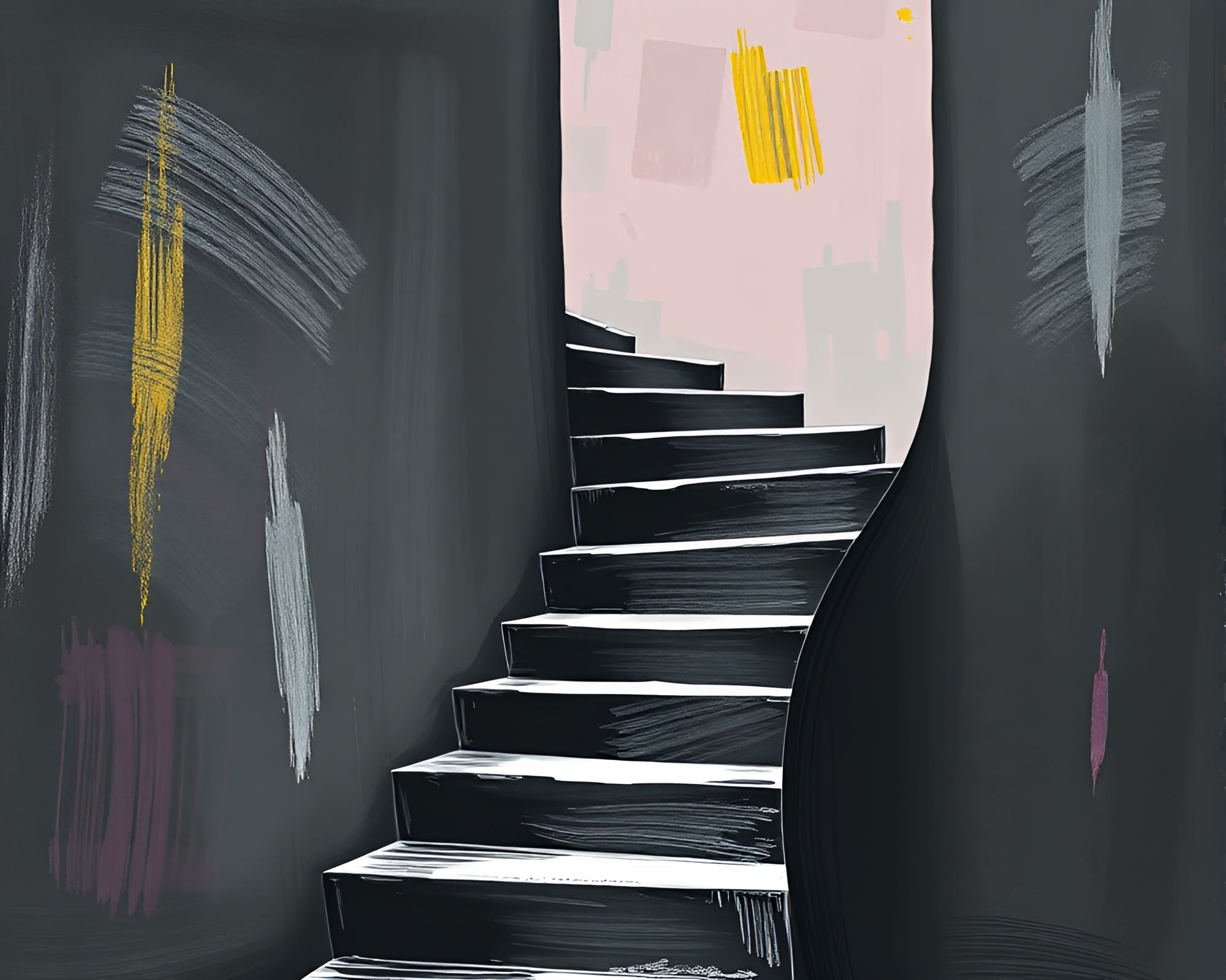 Surreal Cartoon Staircase with Chalkboard Smudges – free AI stock image