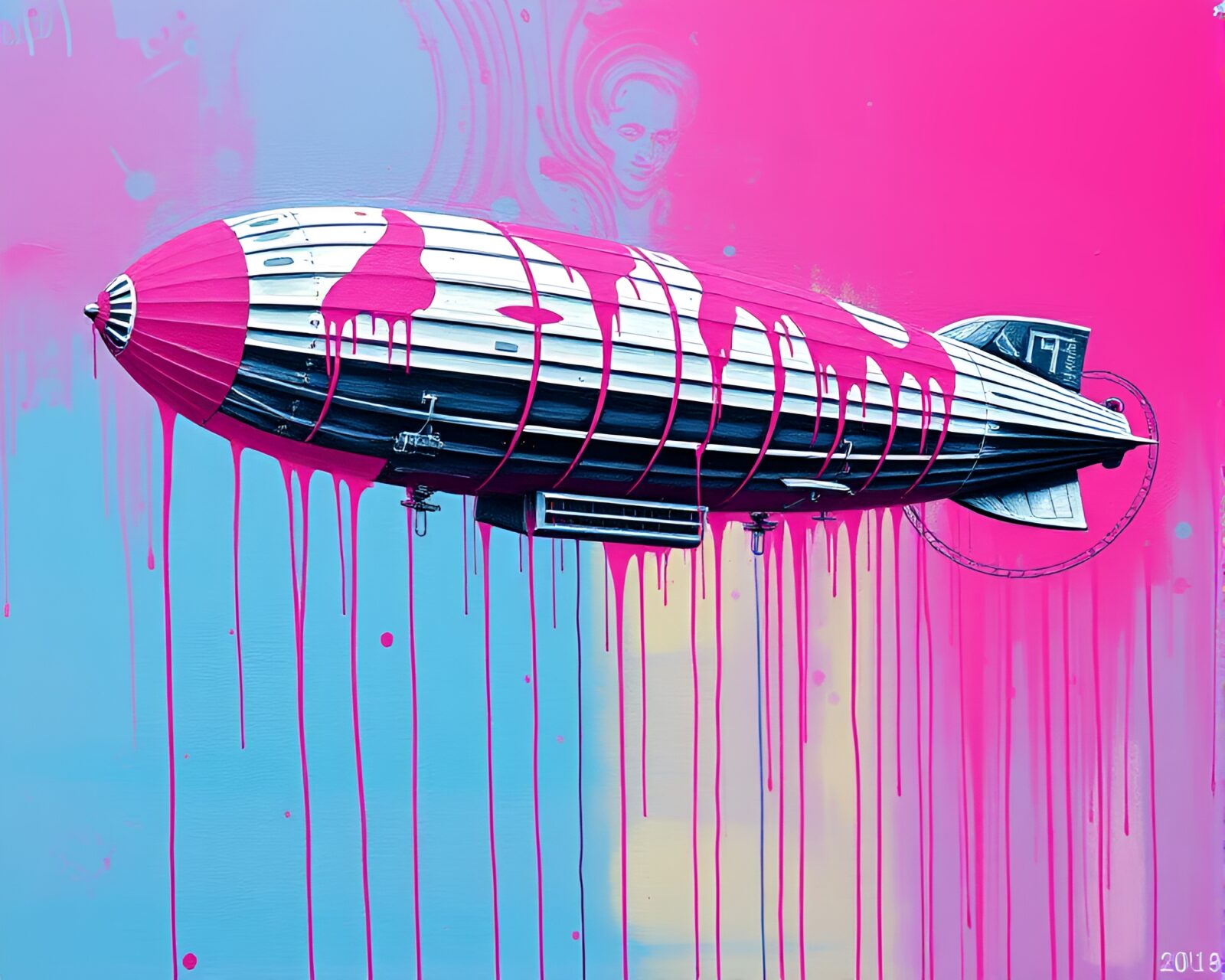 Surreal image of a zeppelin amidst intricate spray paint drips