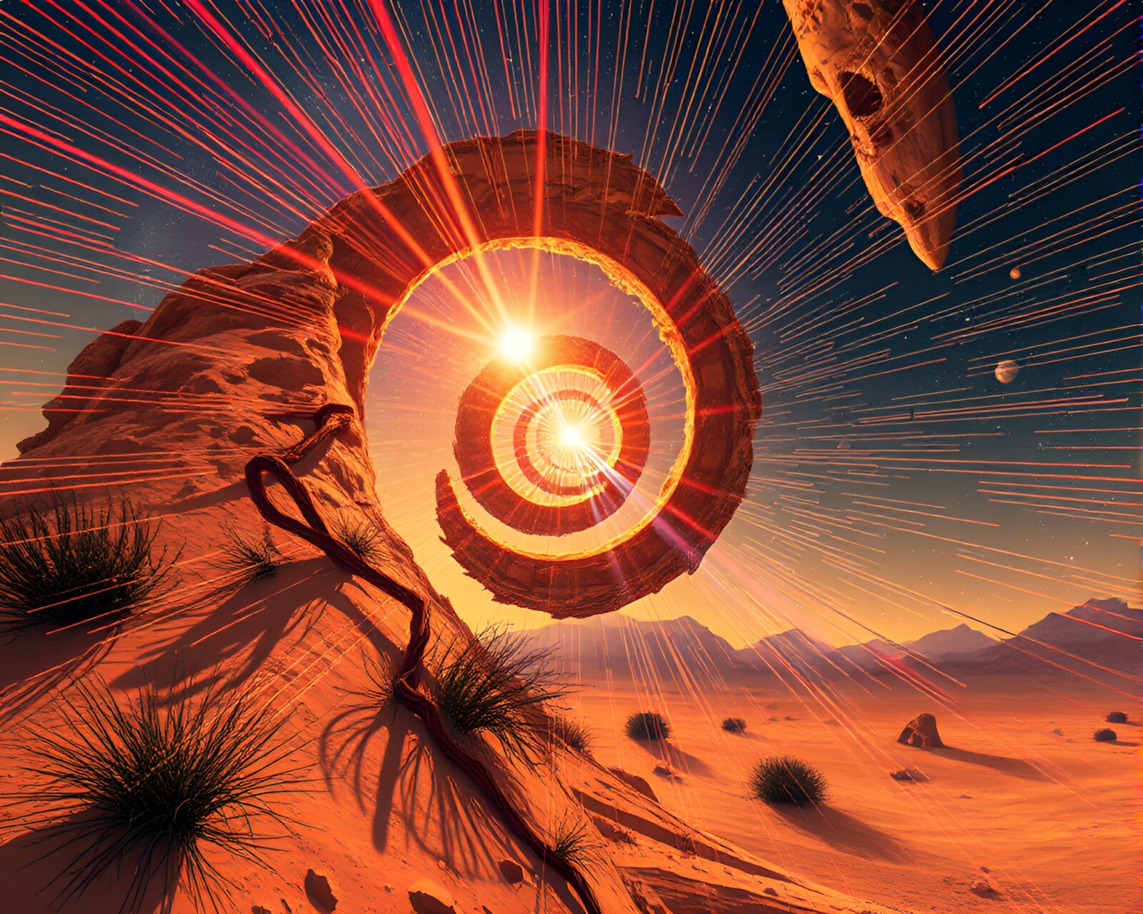 Intricate Fibonacci spiral in a desert with steampunk elements
