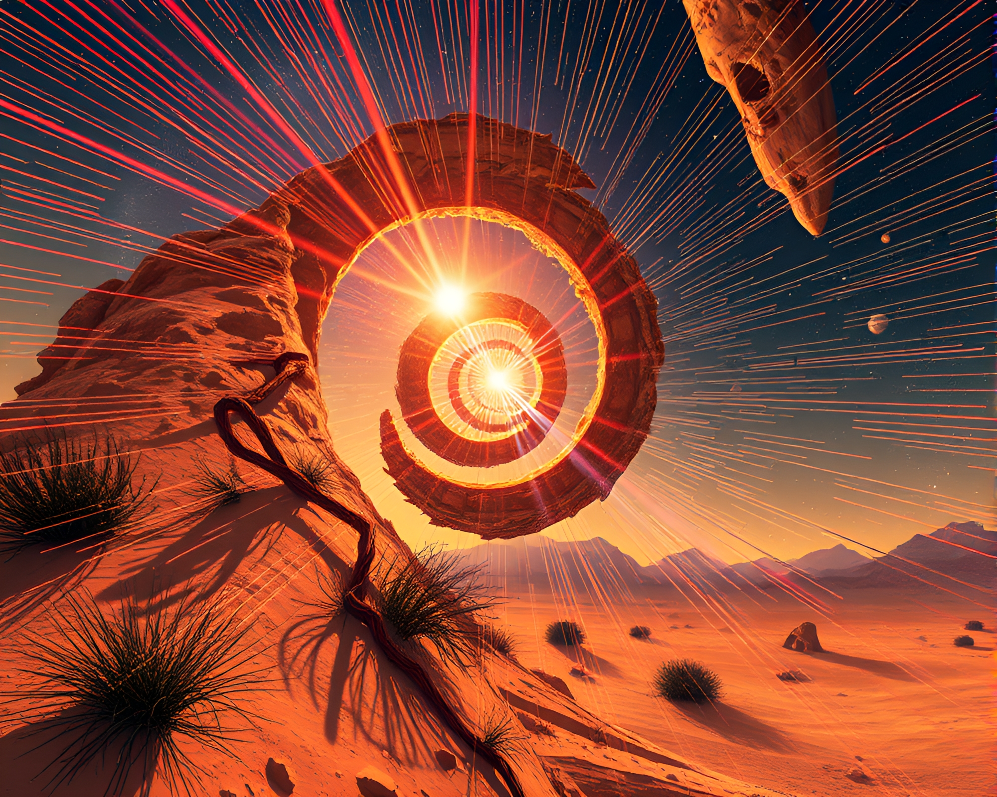 Stunning Fibonacci Steampunk Desert Spiral with Lens Flare – free AI stock image