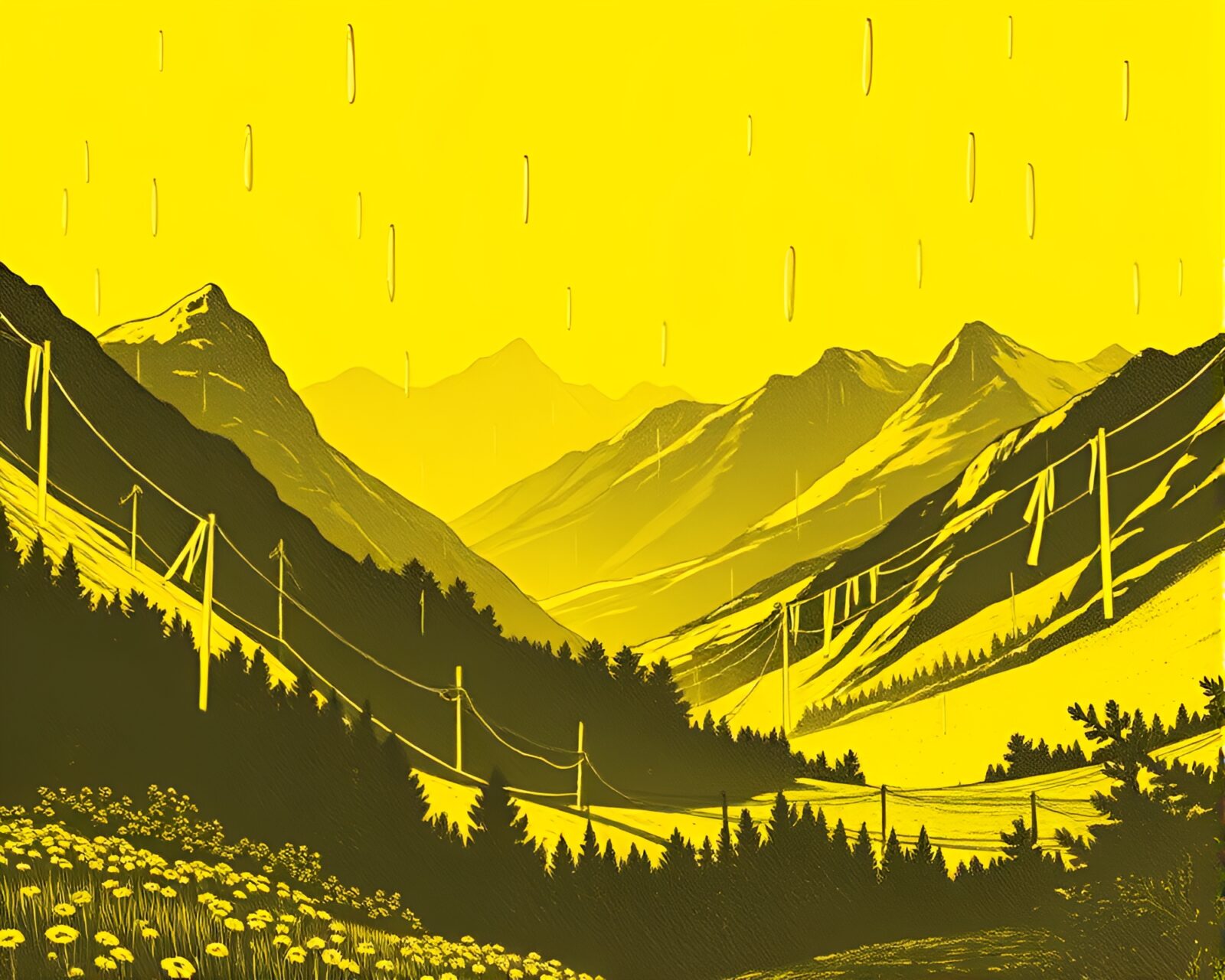 Monochrome yellow valley with tear-shaped paper cutouts screen printed