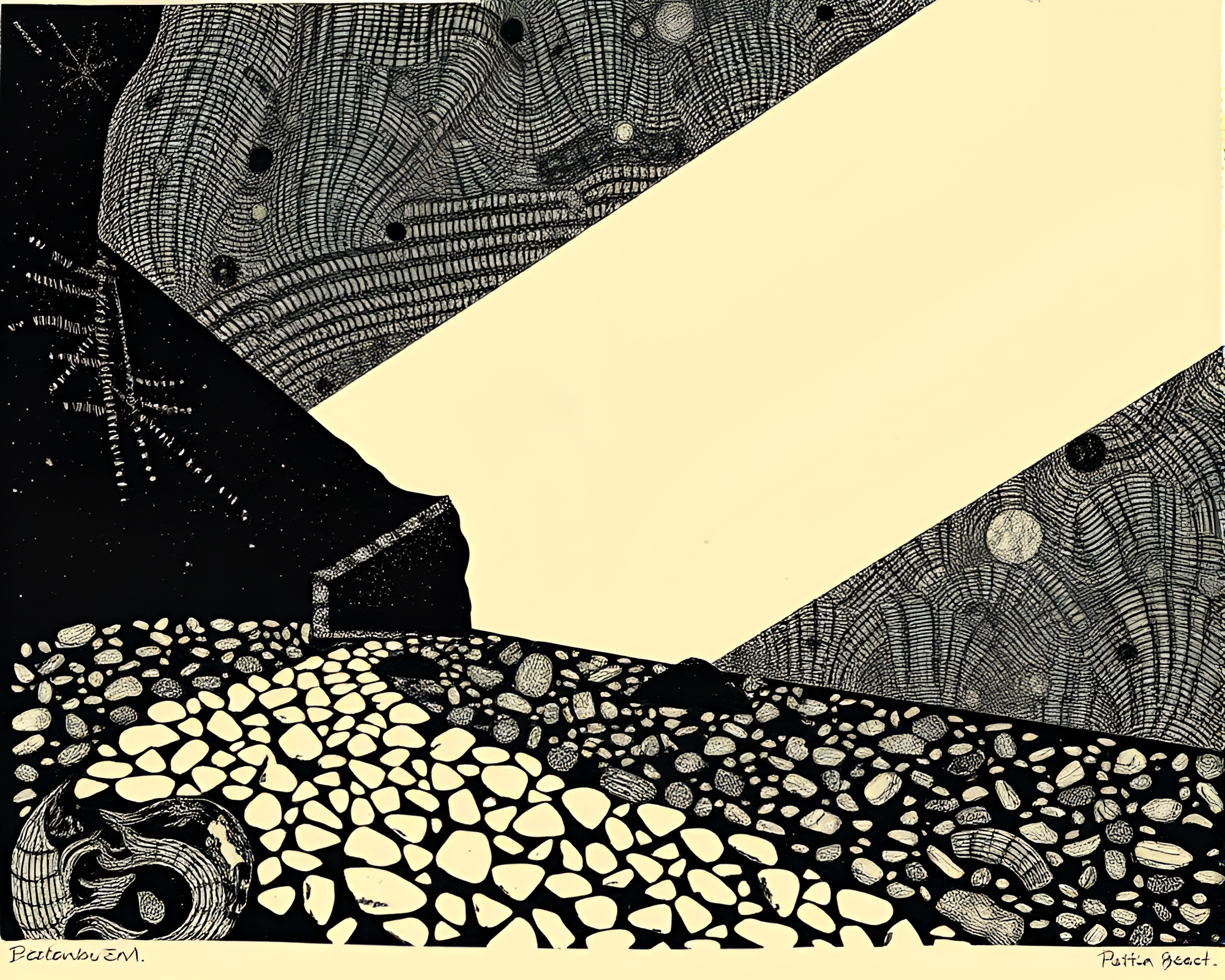Generative Lino Pebble Beach in Attic Shadows – free AI stock image