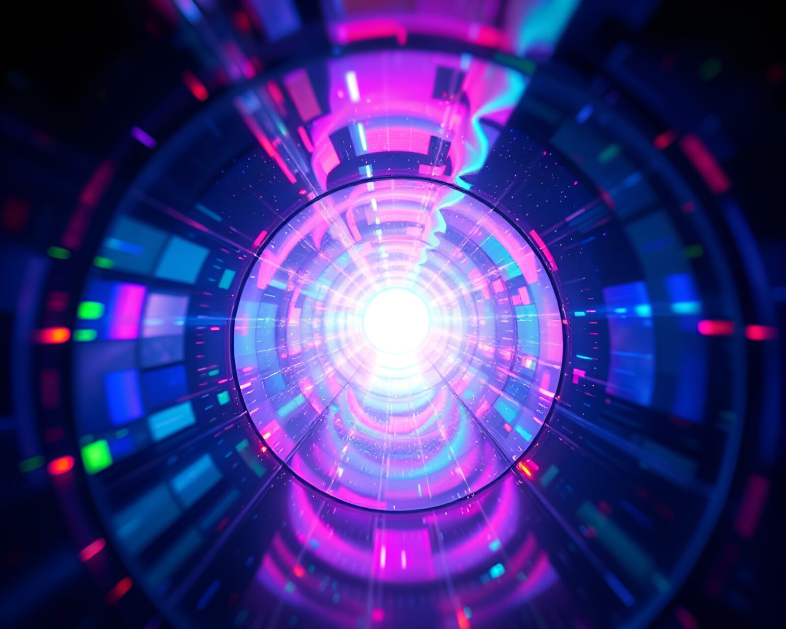 Vibrant glass walkway with chromatic shadows and holographic reflections