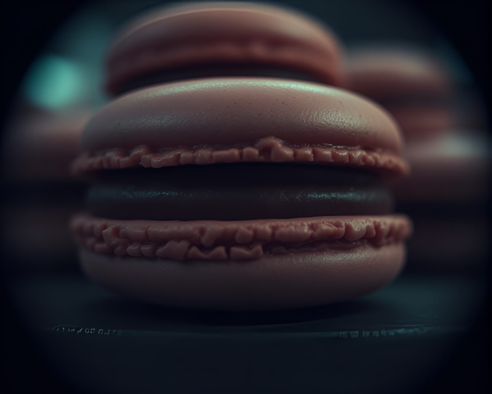 Desaturated gloom retro pixelated image of a split focus macaron assortment