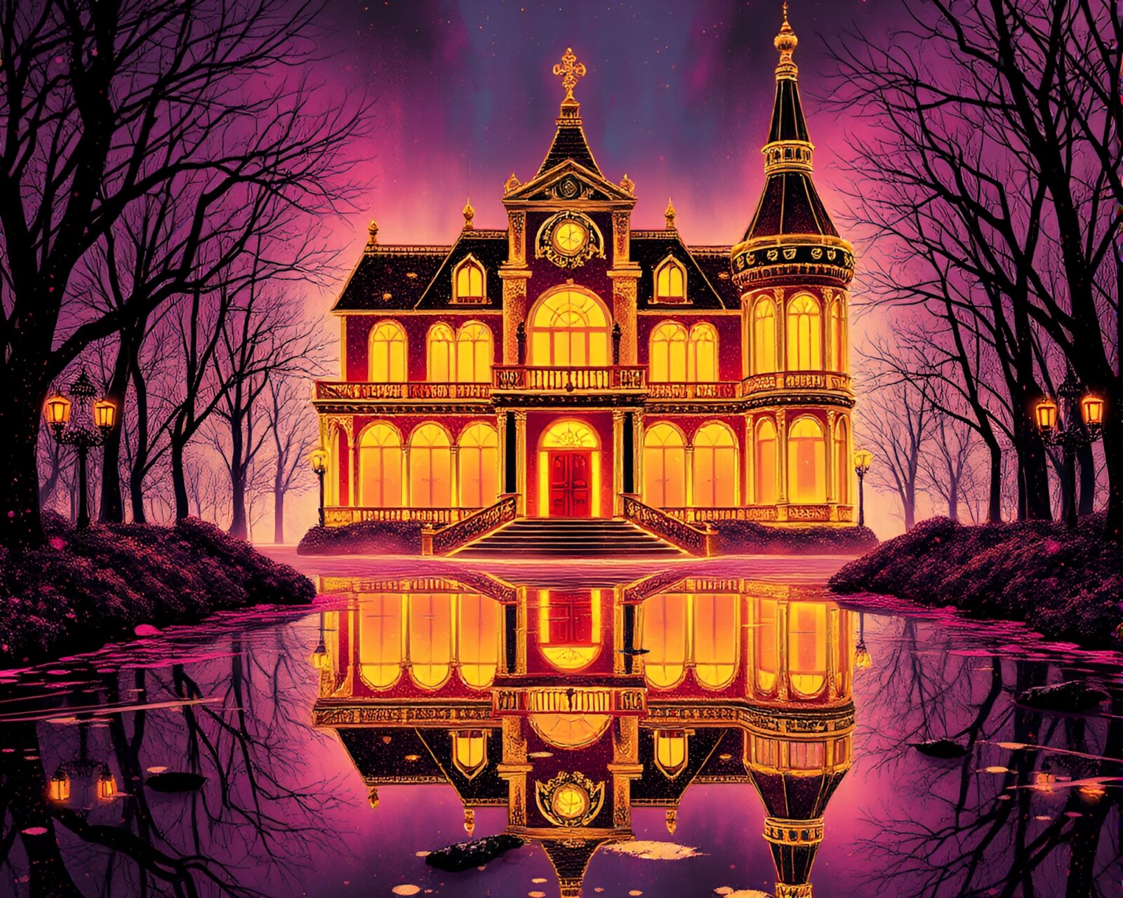 Gothic mansion glowing with rose gold neon splatters
