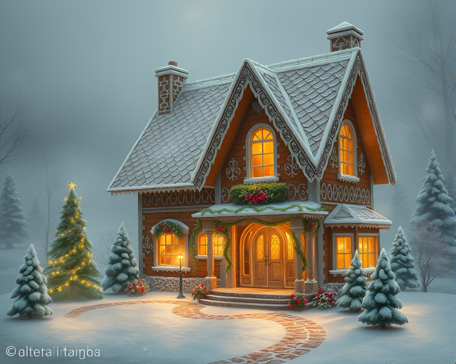 Whimsical gingerbread house with silver accents in foggy forest