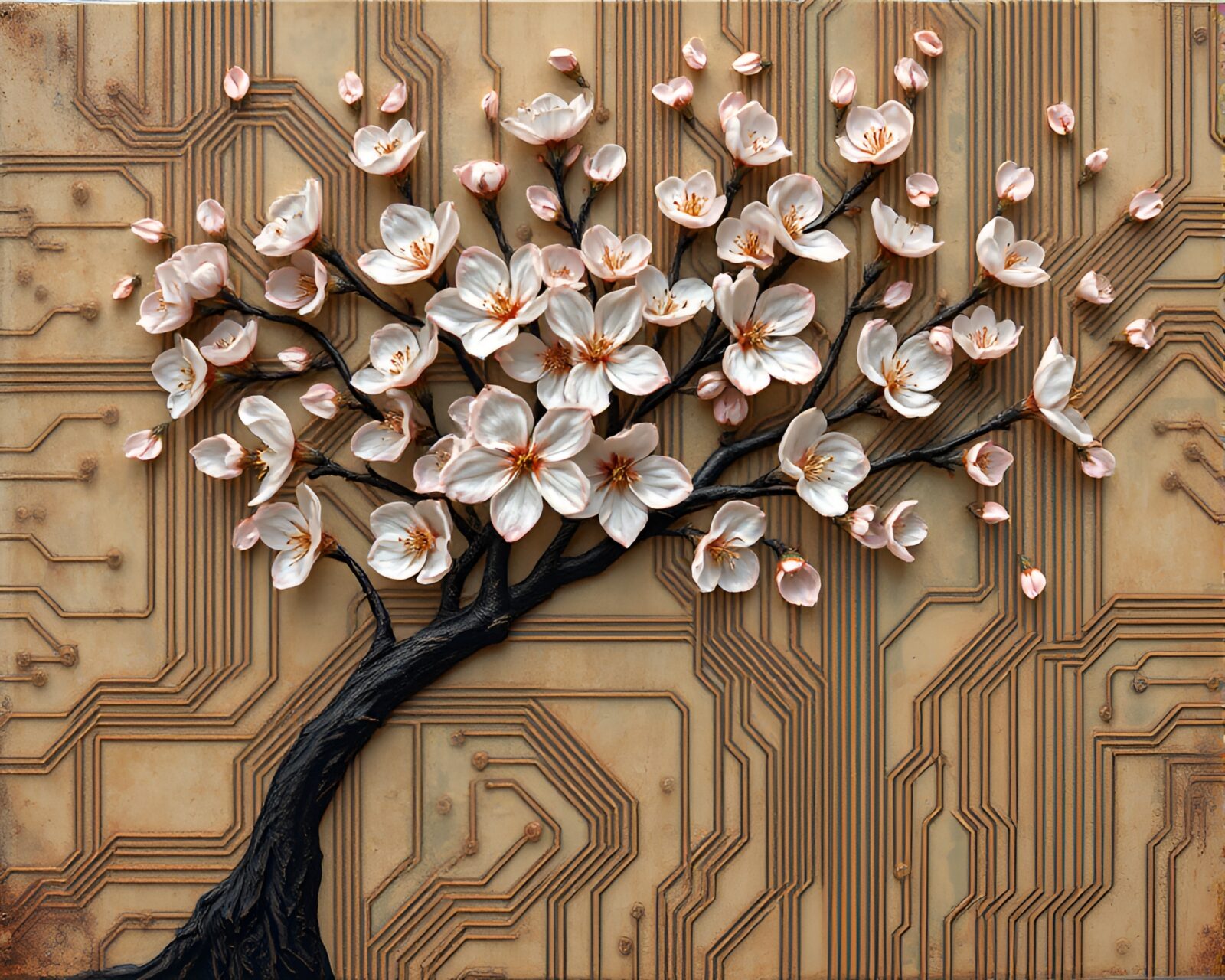 Surreal fusion of technology and nature in colorful encaustic art
