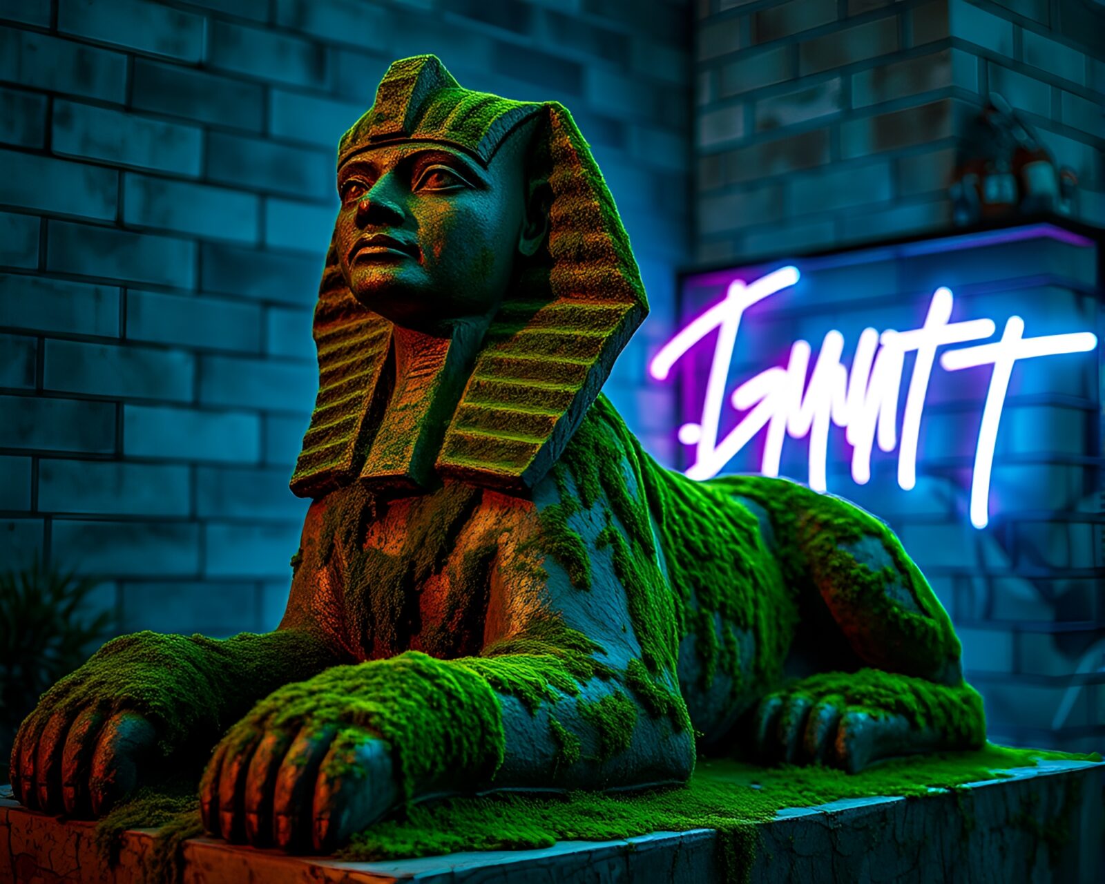 Majestic Sphinx statue engulfed in vibrant neon graffiti art