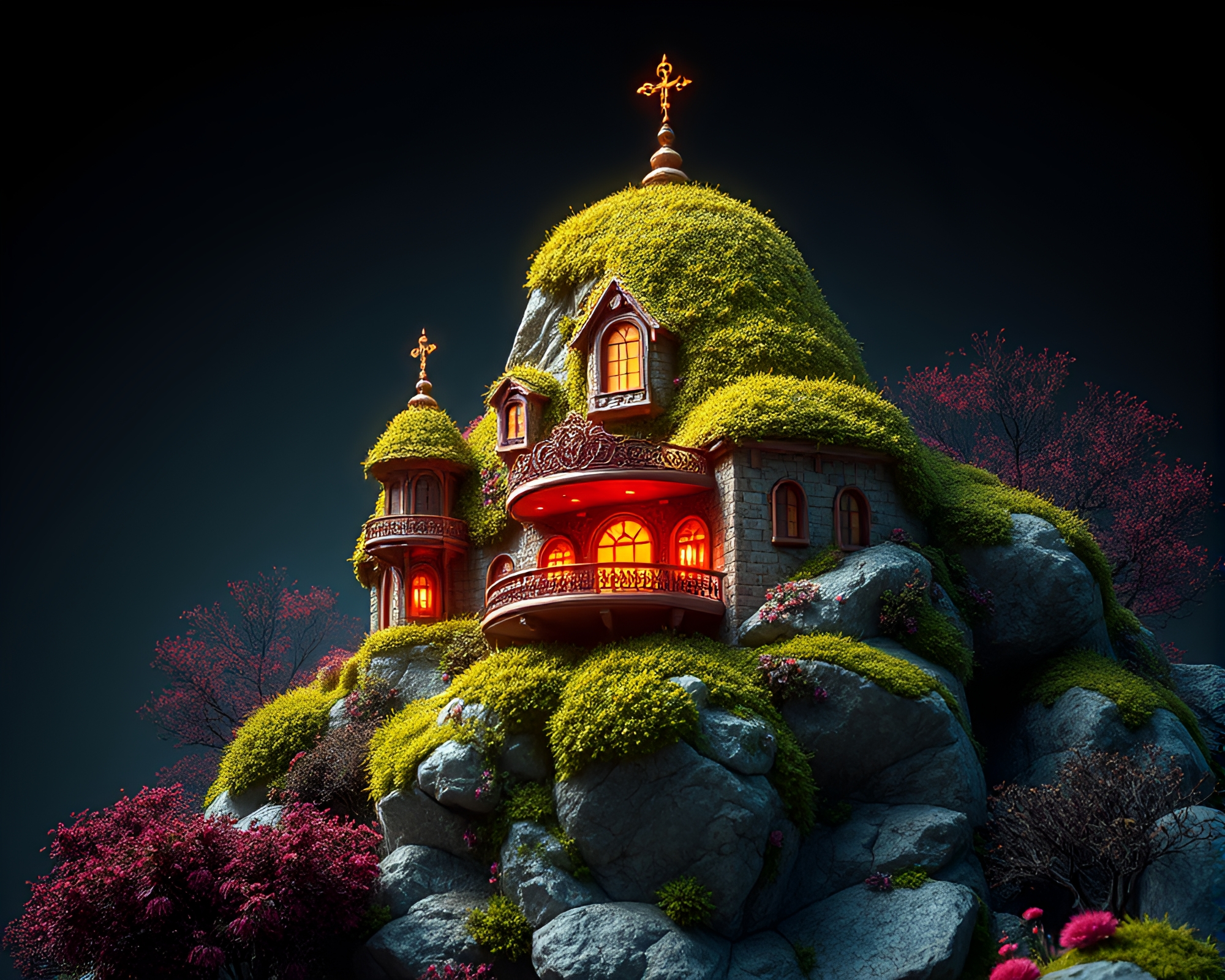 Moss-Covered Rock with Embroidered Anaglyph Opera Lighting – free AI stock image