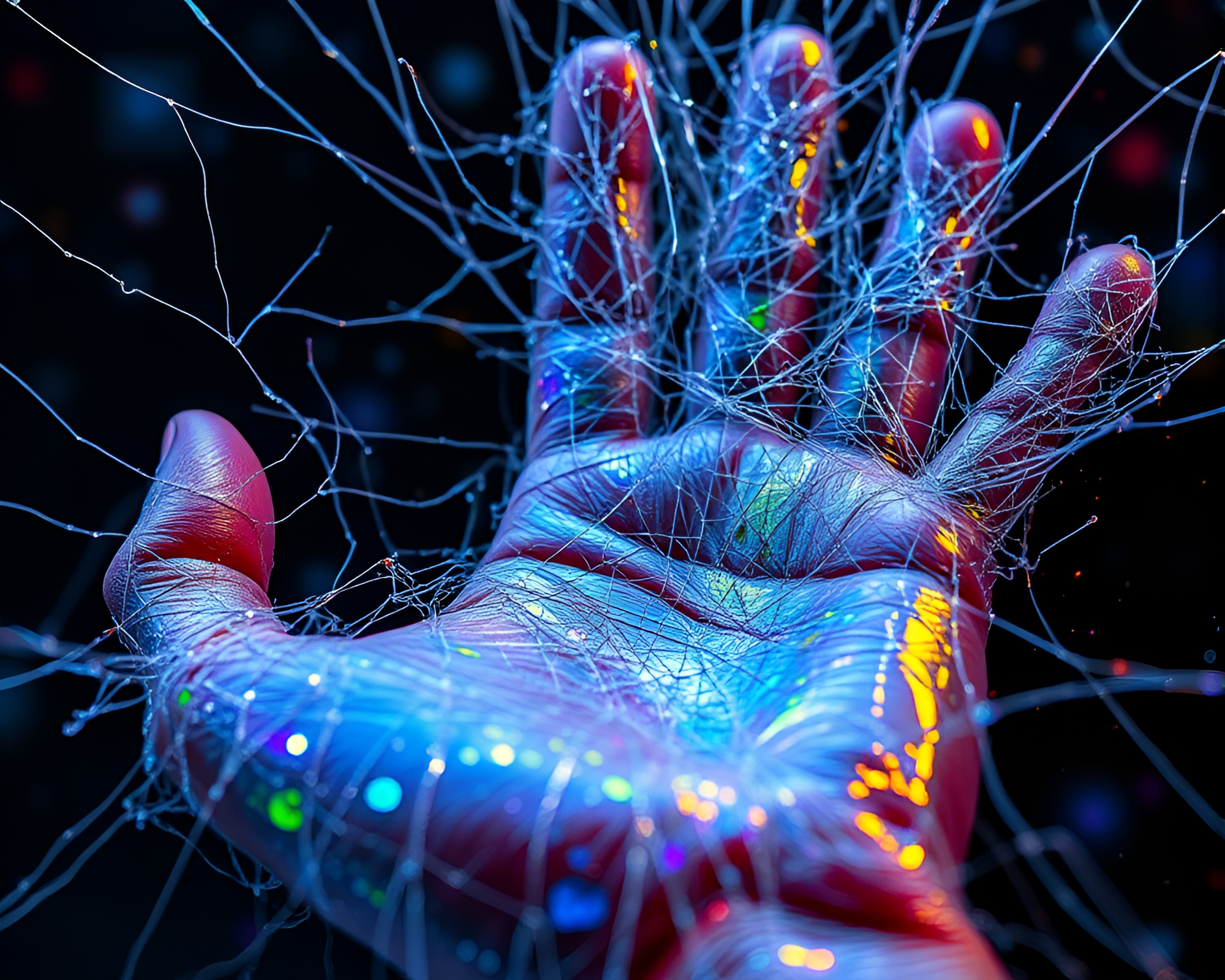 Iridescent Cybernetic Hand in Splatter Art Cobweb – free AI stock image