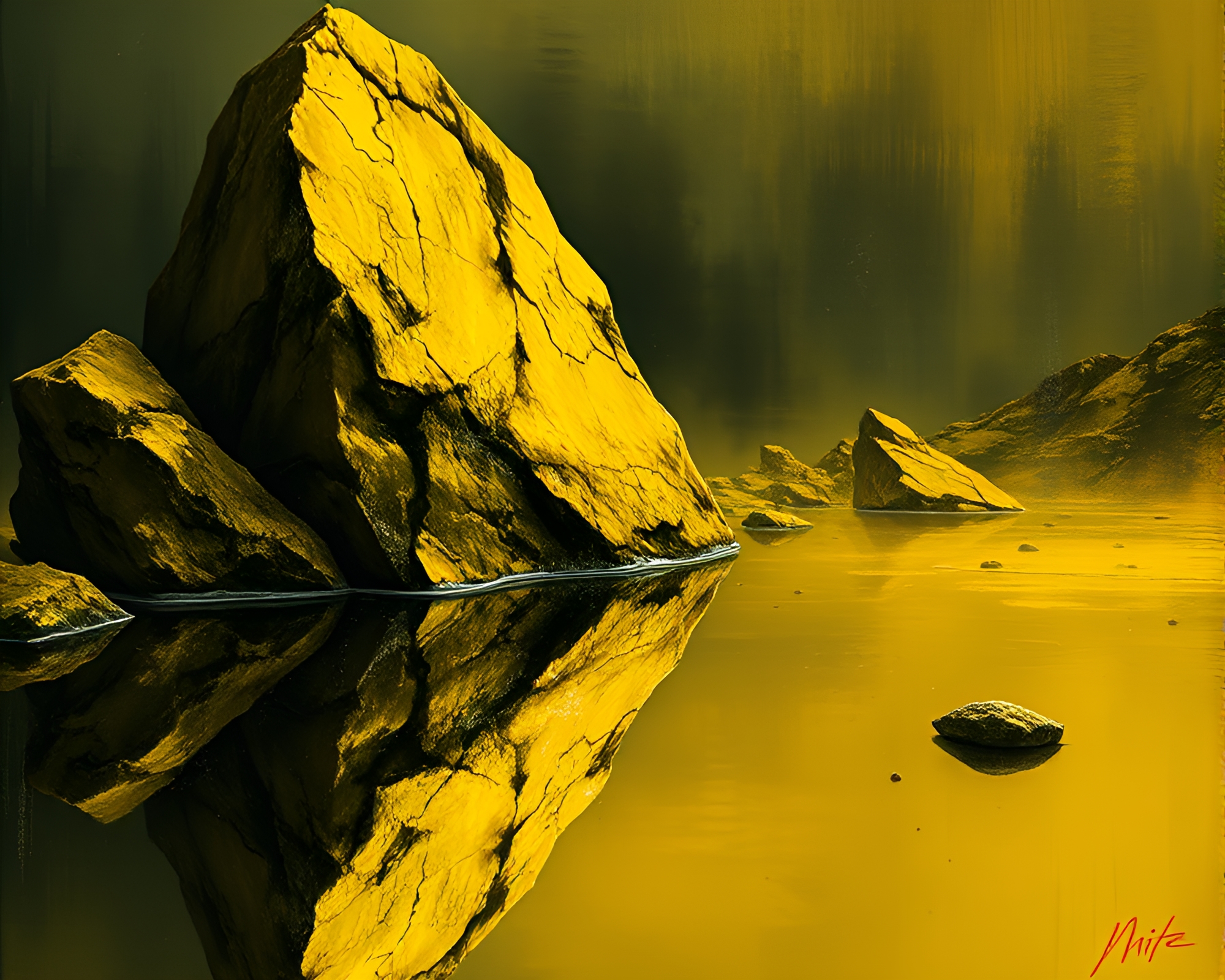 Kraken’s Lair: Reflective Mirror Mustard Yellow – free AI stock image