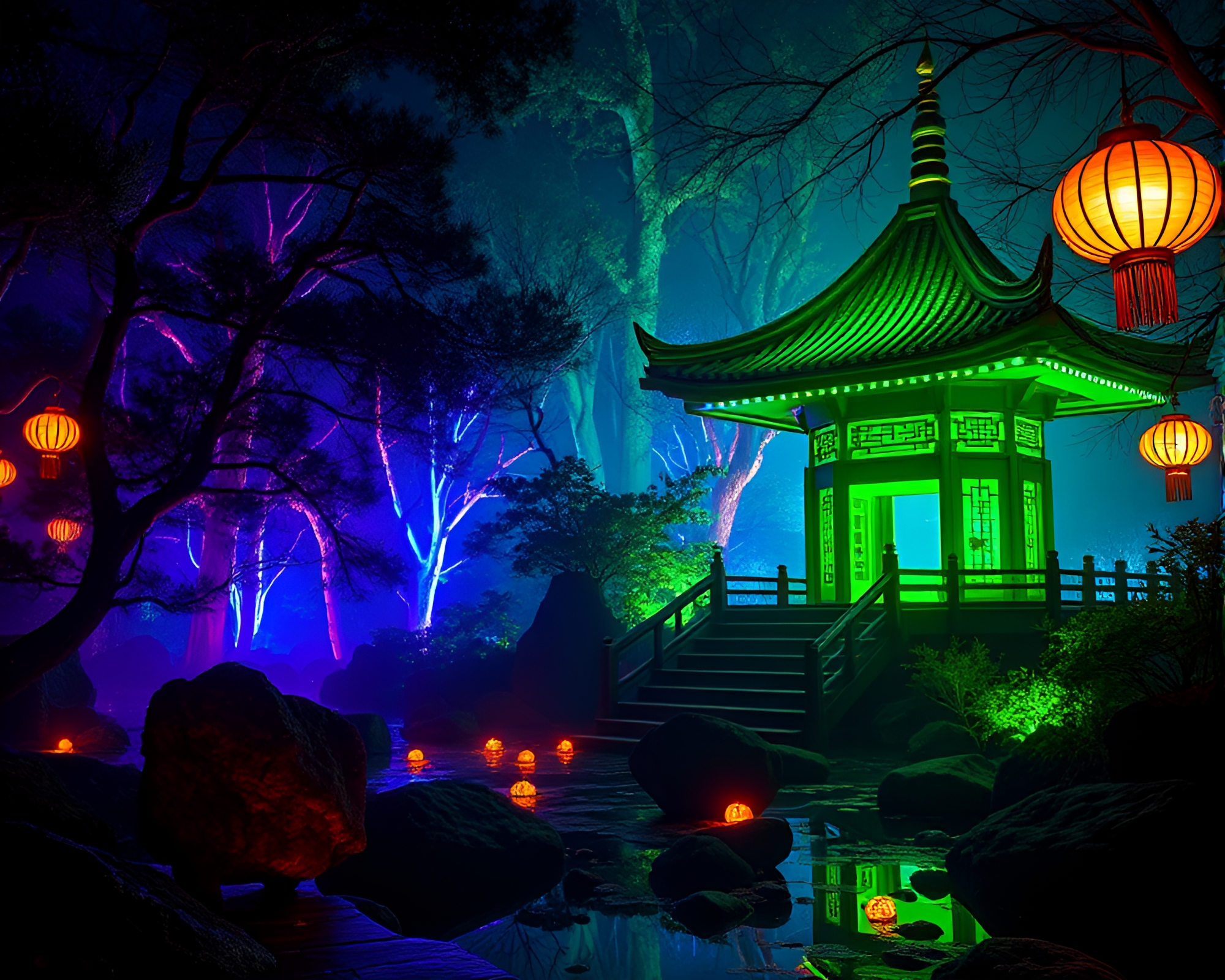 Neon-lit Pagoda with Floating Embers in Forest-Green Shade – free AI stock image