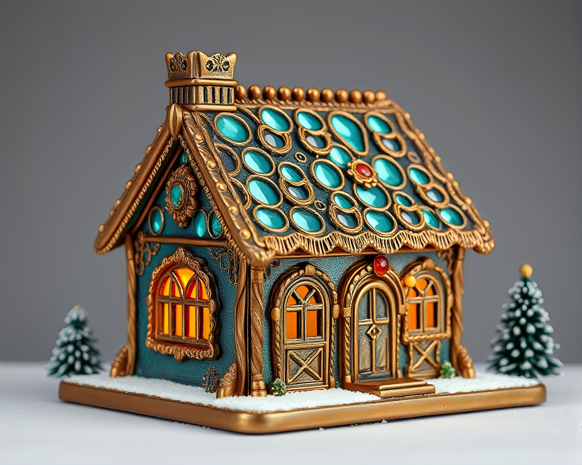 Bronze Patina Gingerbread House in Topaz Light – free AI stock image