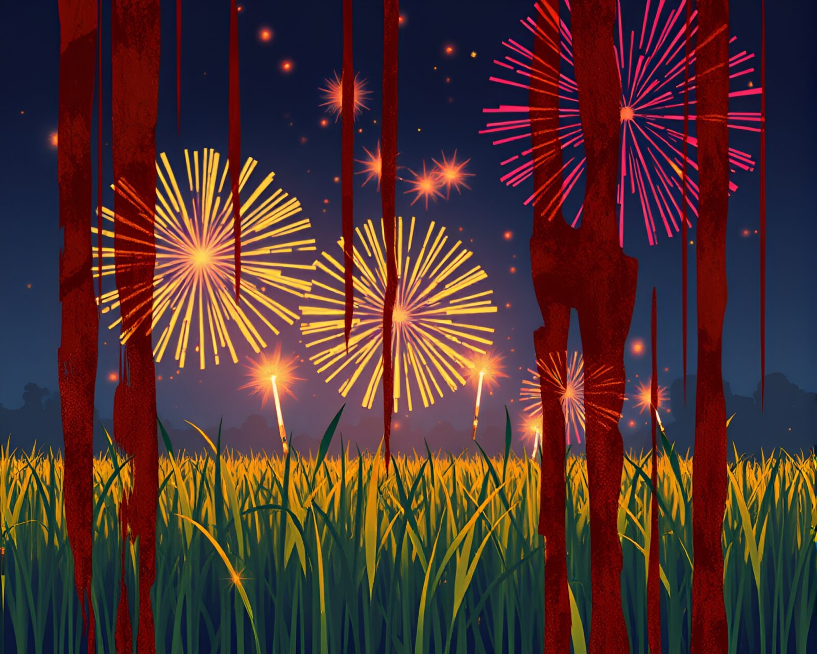 8-bit style image of fireworks over savannah grass