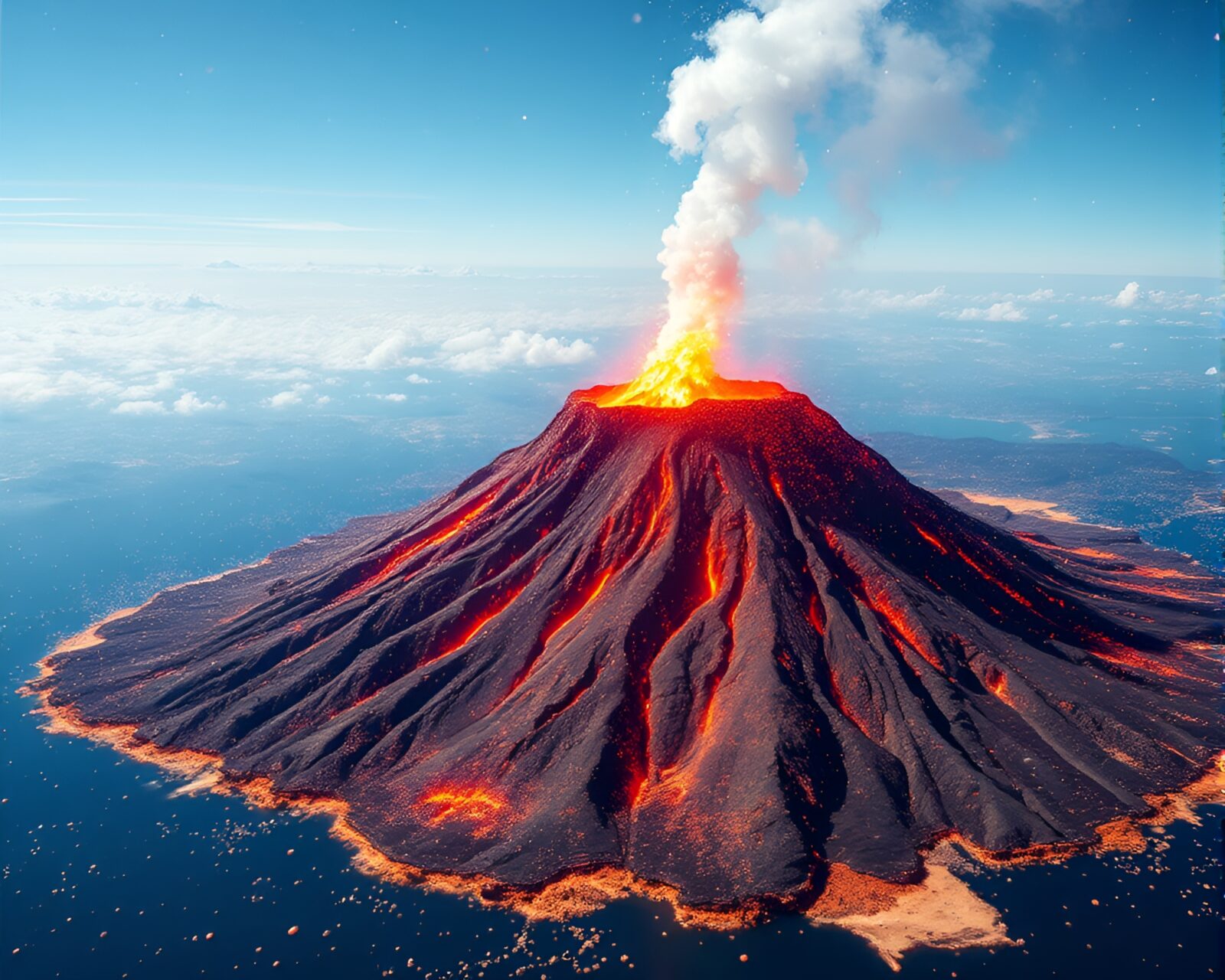 Bright overexposed image of bubble clusters on volcanic island