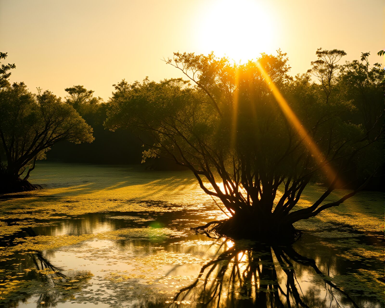 Ethereal lens flare illuminating exotic mangrove swamp in gold tones