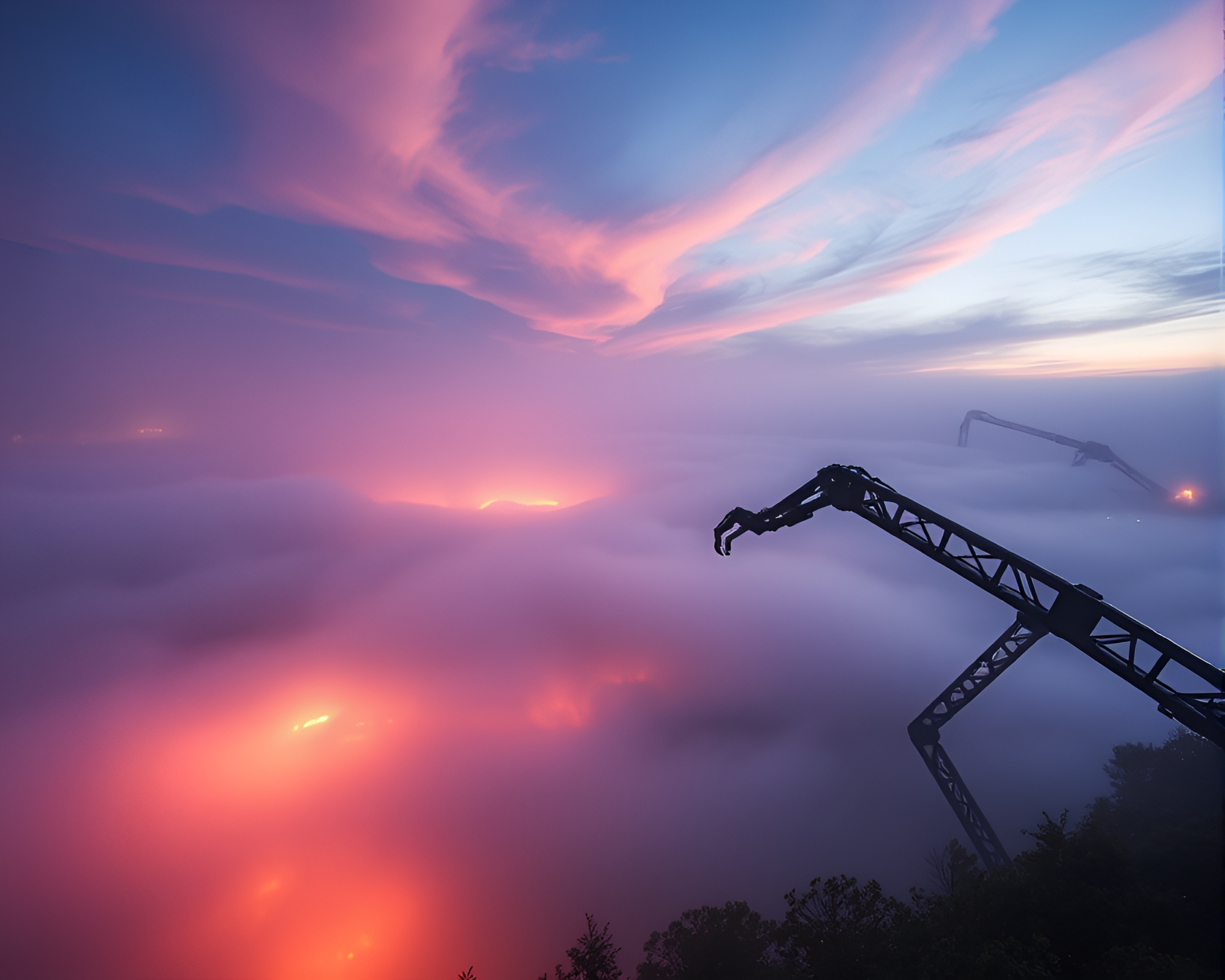 Misty Dawn with Robotic Arm Emerging from Fog Banks – free AI stock image