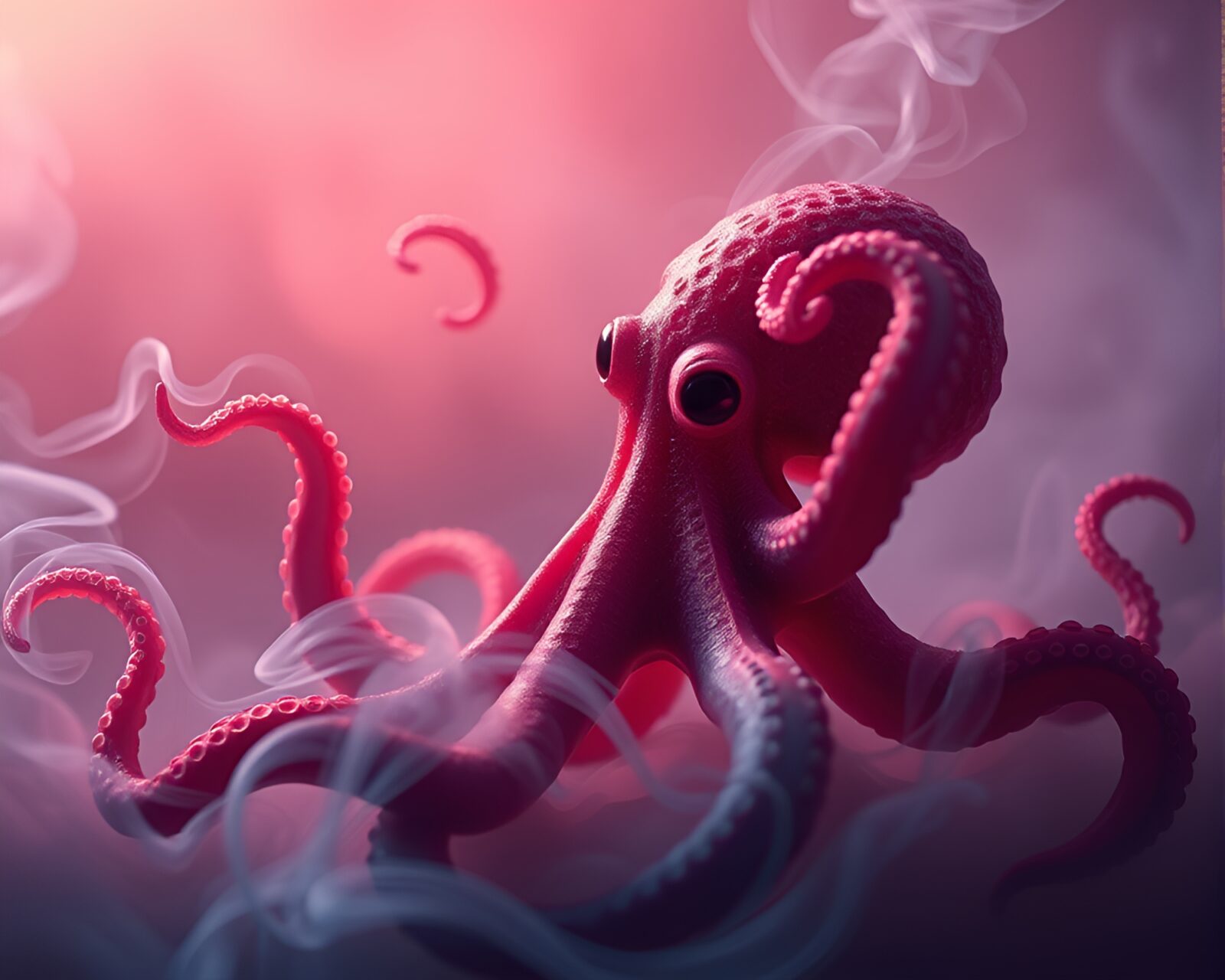 Voxel art octopus surrounded by swirling smoke plume at dawn
