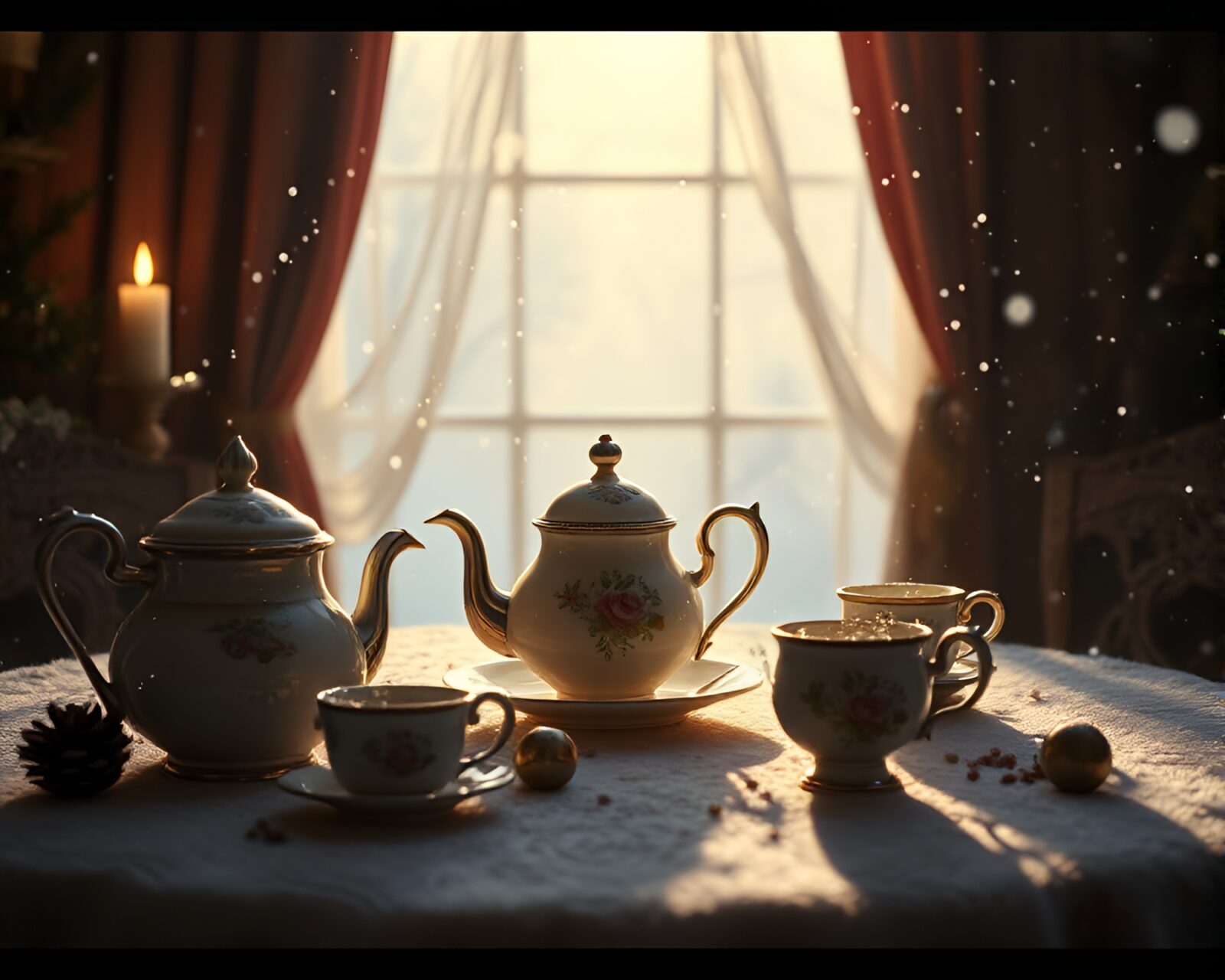 Enchanting scene of teatime in snow-kissed light