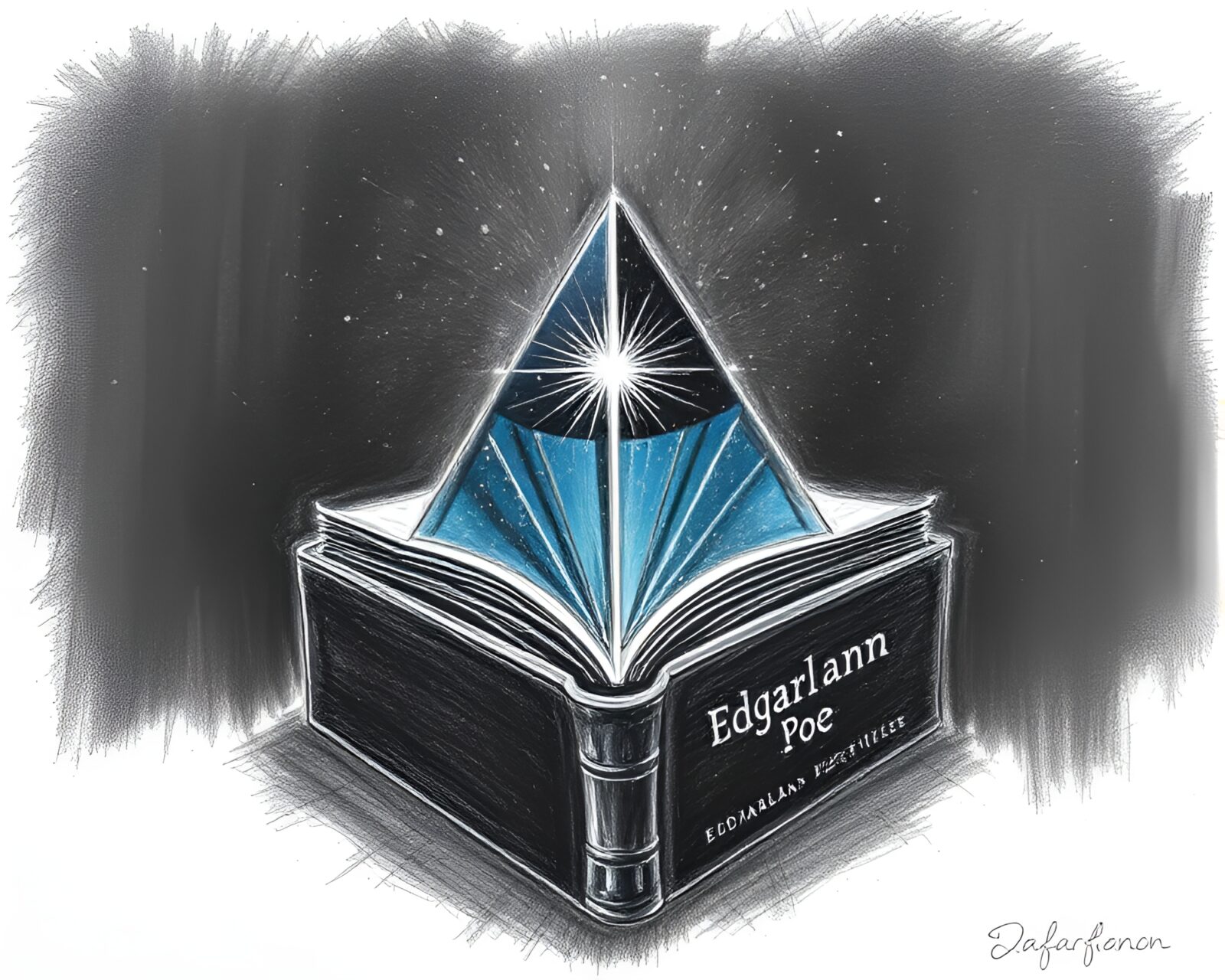 Spectral light bends through prism with Poe book theme