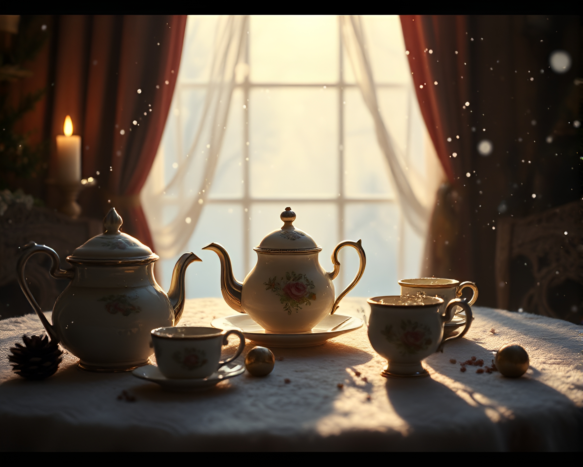 Alice in Wonderland Tea Party with Snowy Film Burns – free AI stock image