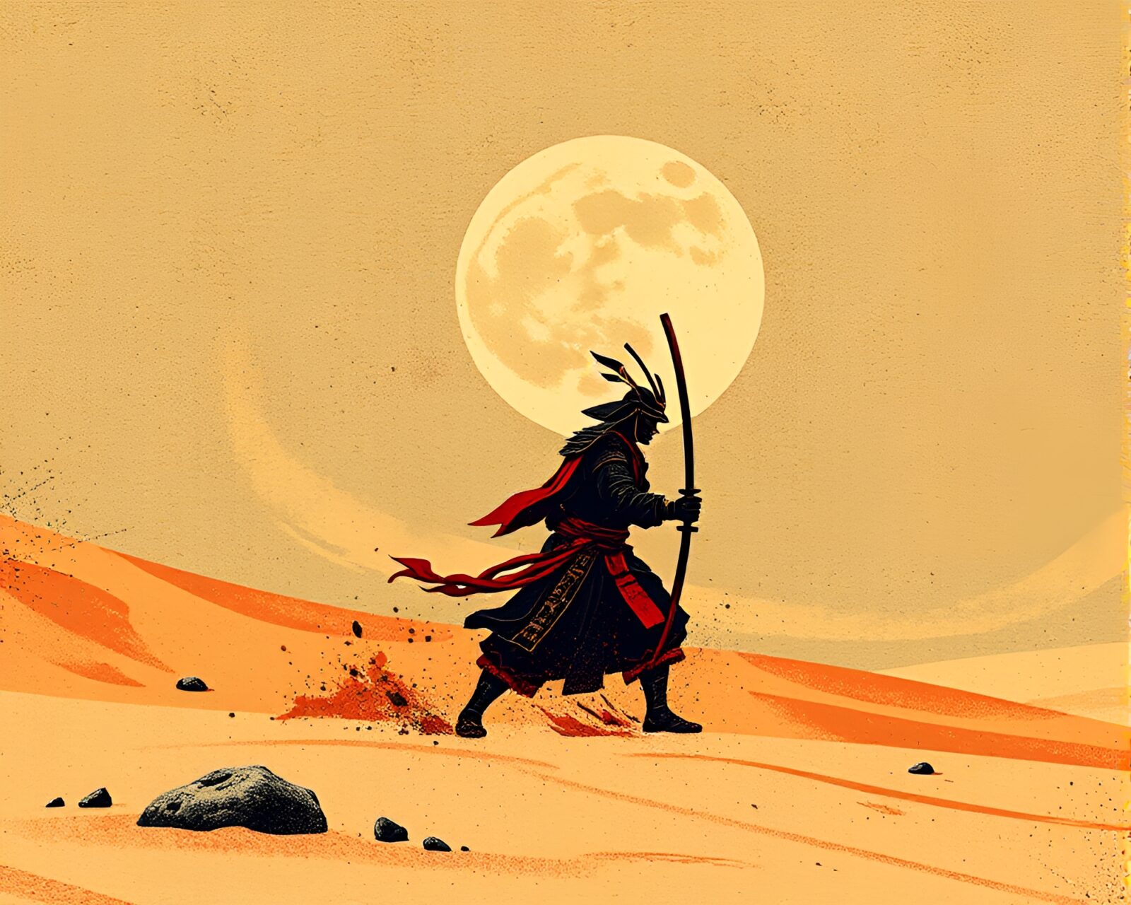 A stunning pointillist artwork of a samurai warrior in desert hues