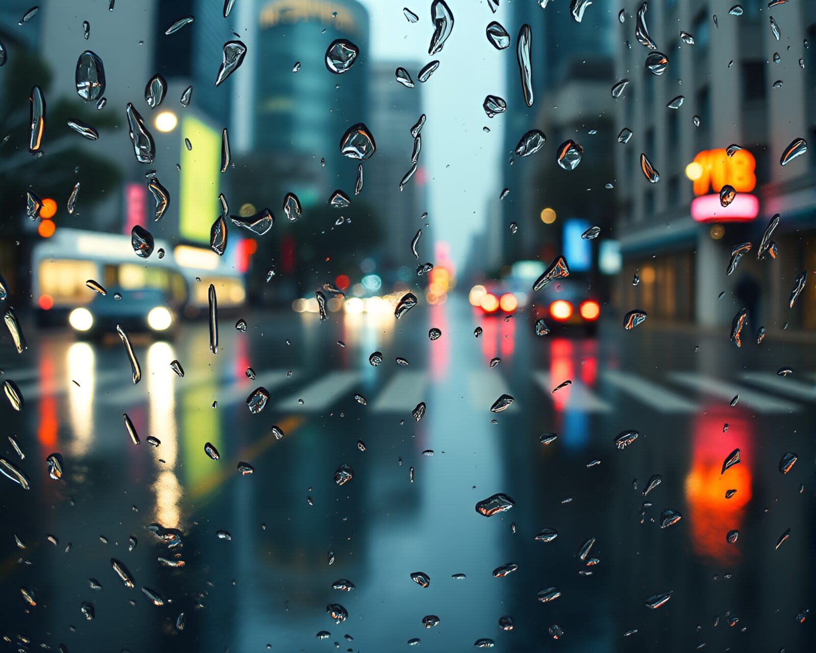 Urban scene with digital overlays reflecting on wet pavement