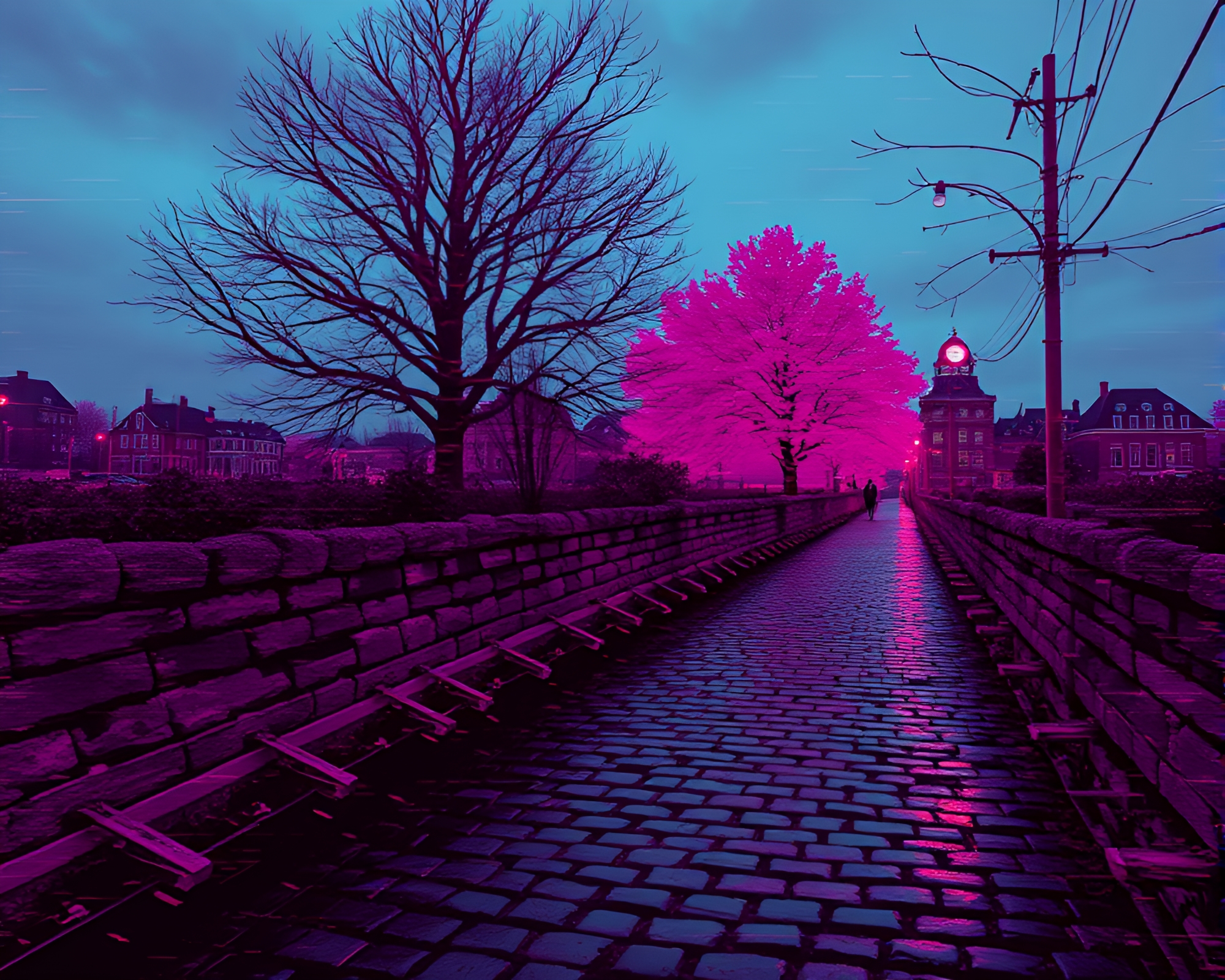 Magenta Punch Zeppelin Glitching Over Cobblestone Path – free AI stock image