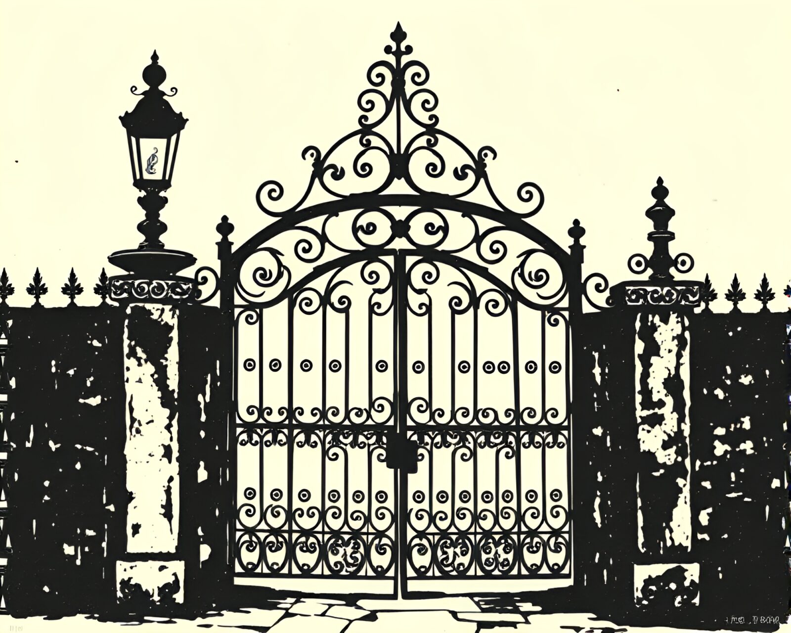 Ivory white wrought iron gate in linocut tattoo style