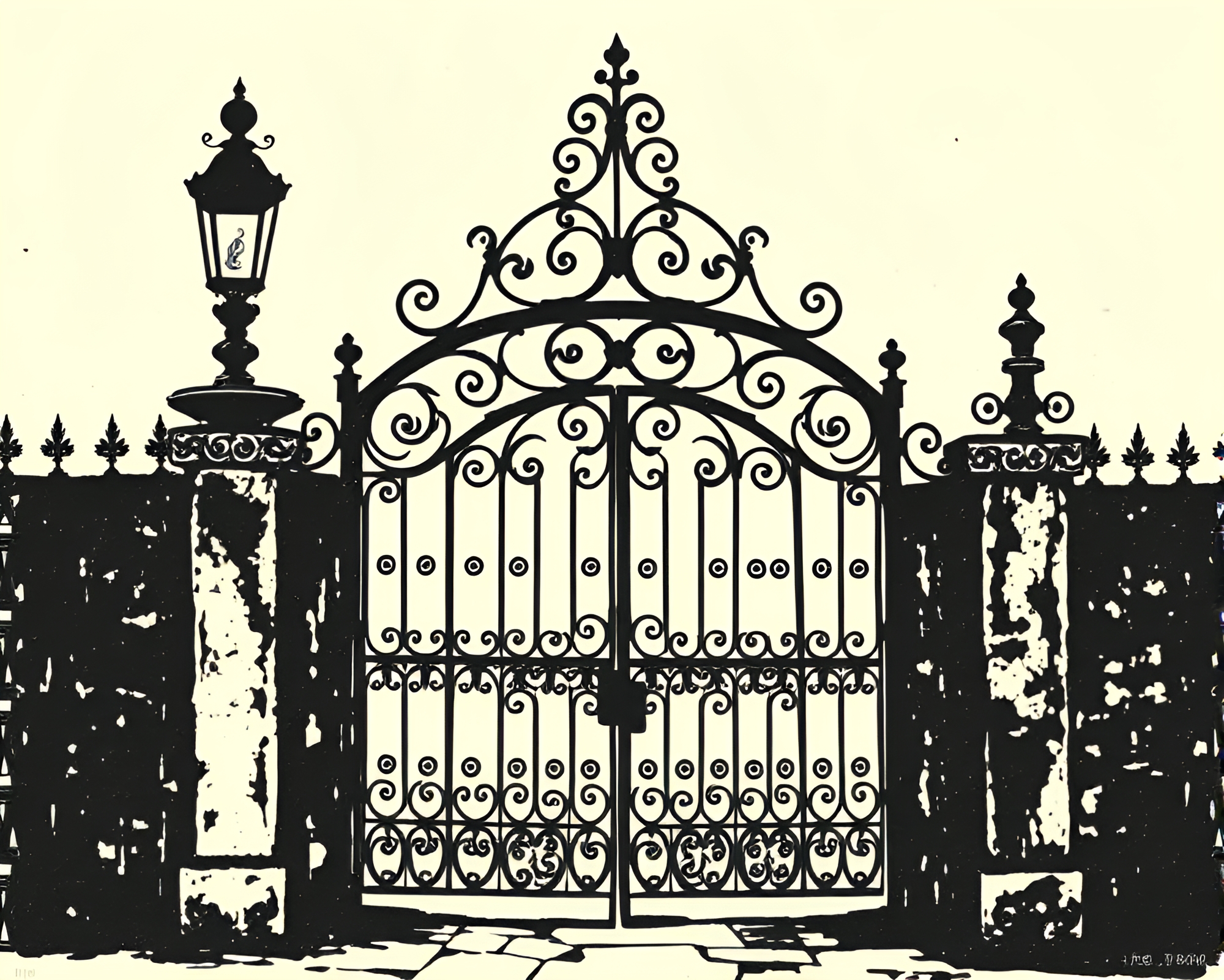 Wrought Iron Gate Linocut Textures Tattoo Flash Art – free AI stock image
