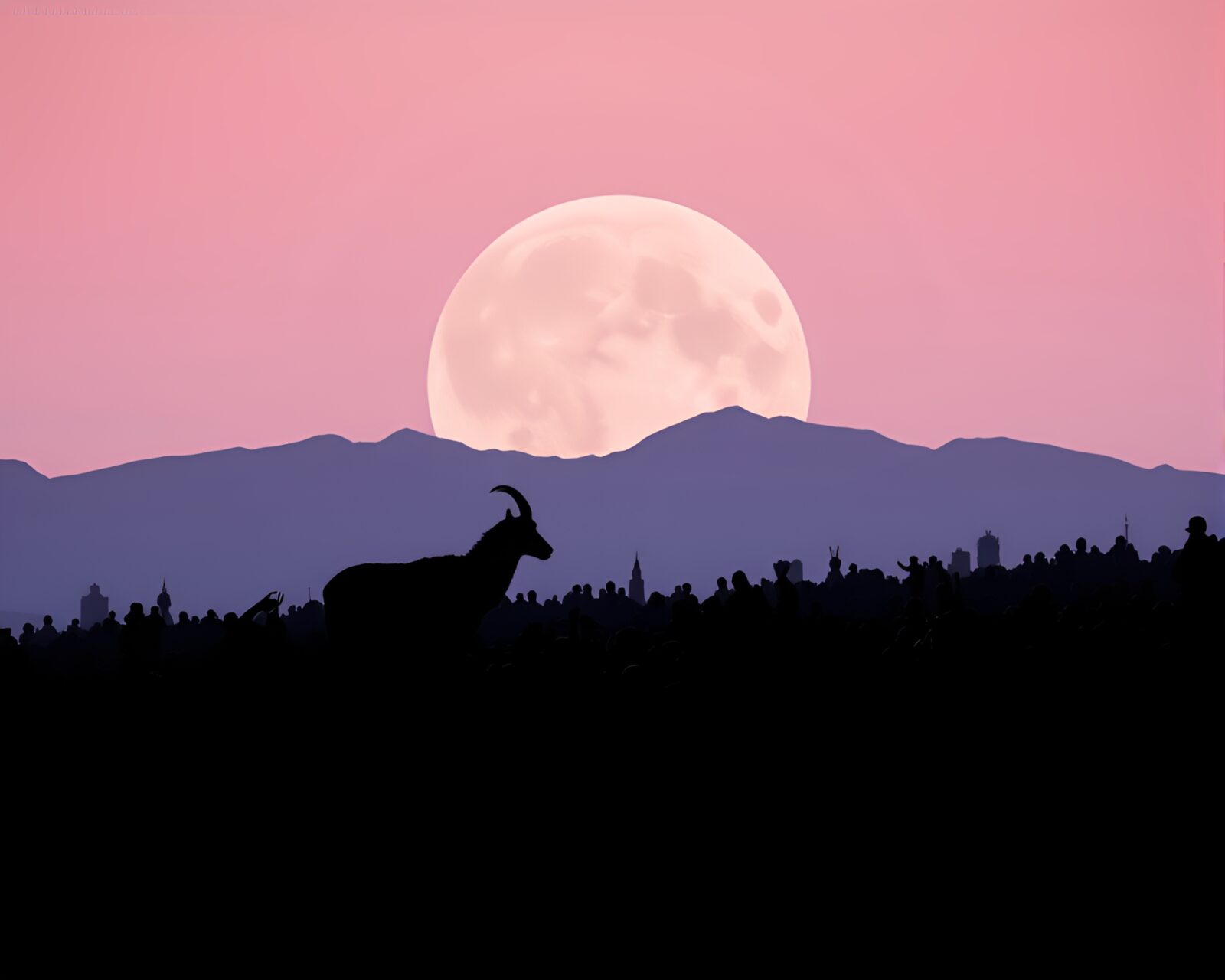 Soft-focused image of crowd admiring mountain goat against pastel backdrop