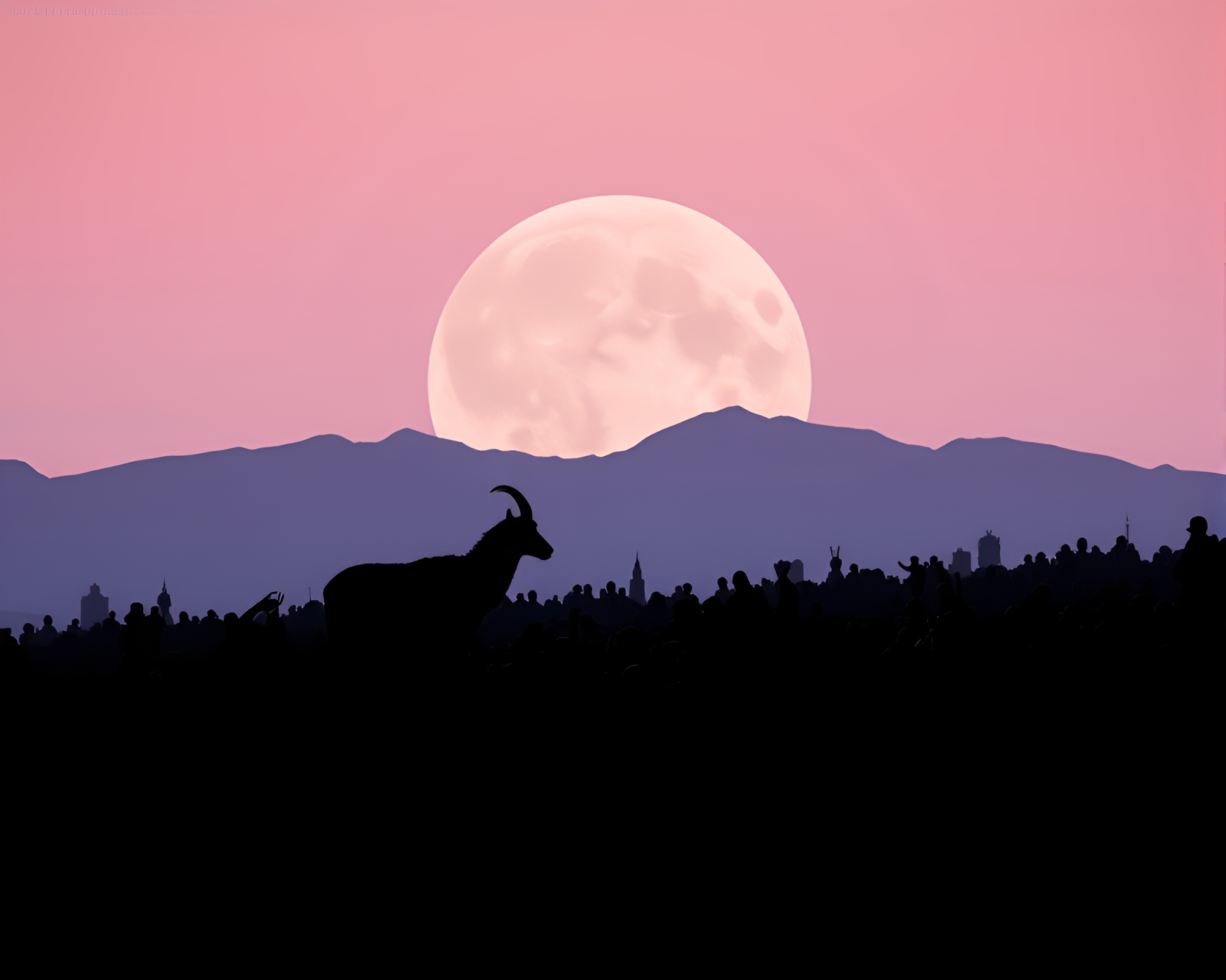 Silhouette crowd watching mountain goat in planetary pastel – free AI stock image