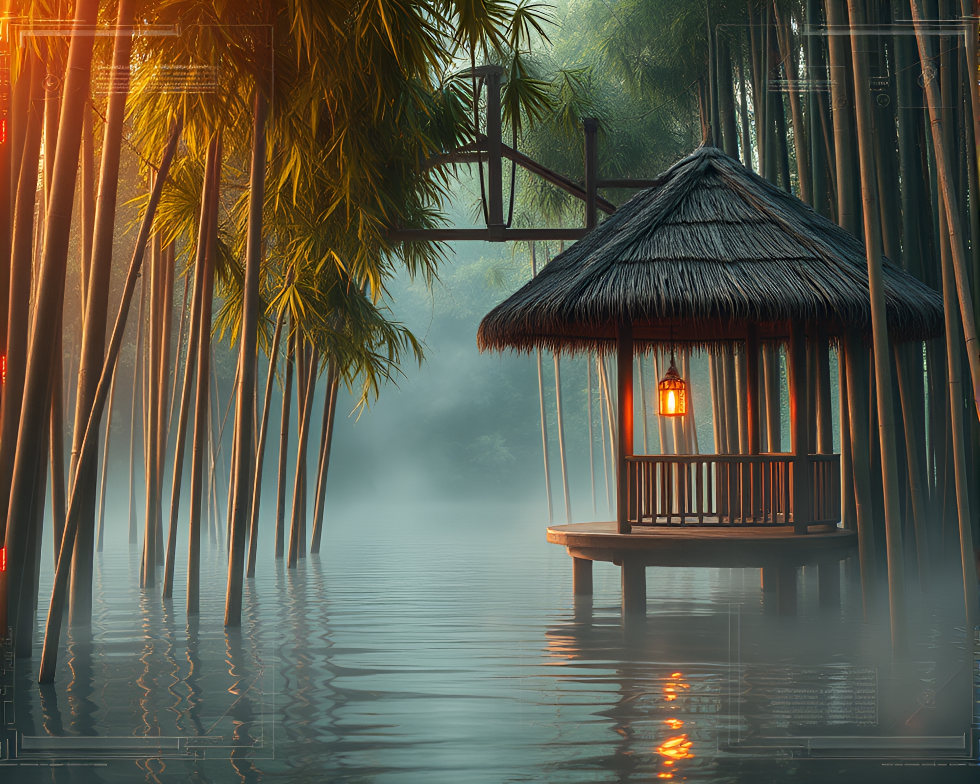 Bamboo Hut Amidst Distorted Water With Futuristic HUD – free AI stock image