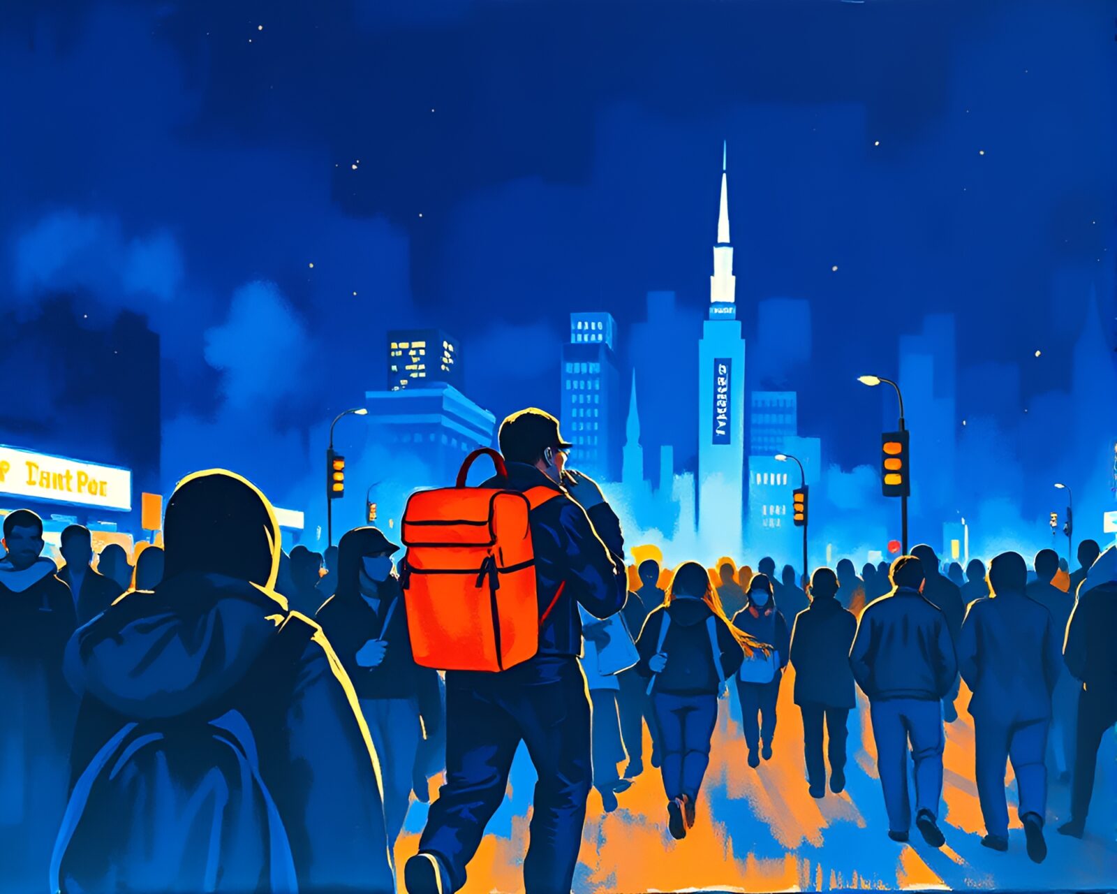 Gouache painting featuring crowd of silhouettes with jetpacks