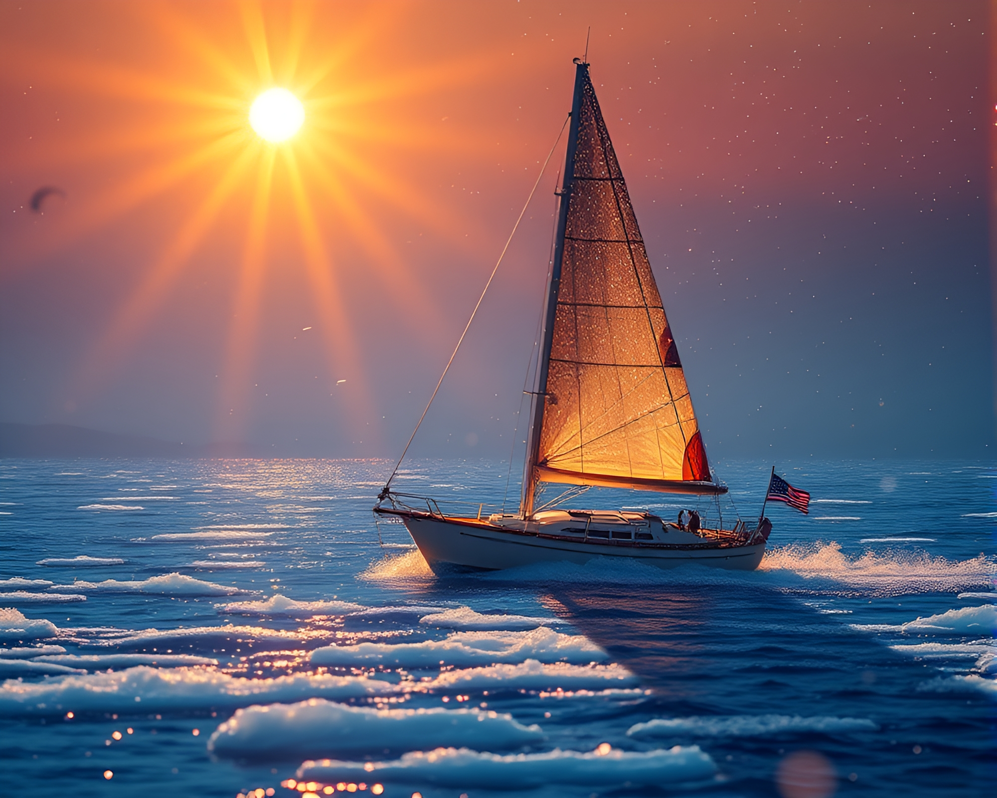 Solar Sailboat Gliding through Ice Crystals under Ultraviolet Light – free AI stock image