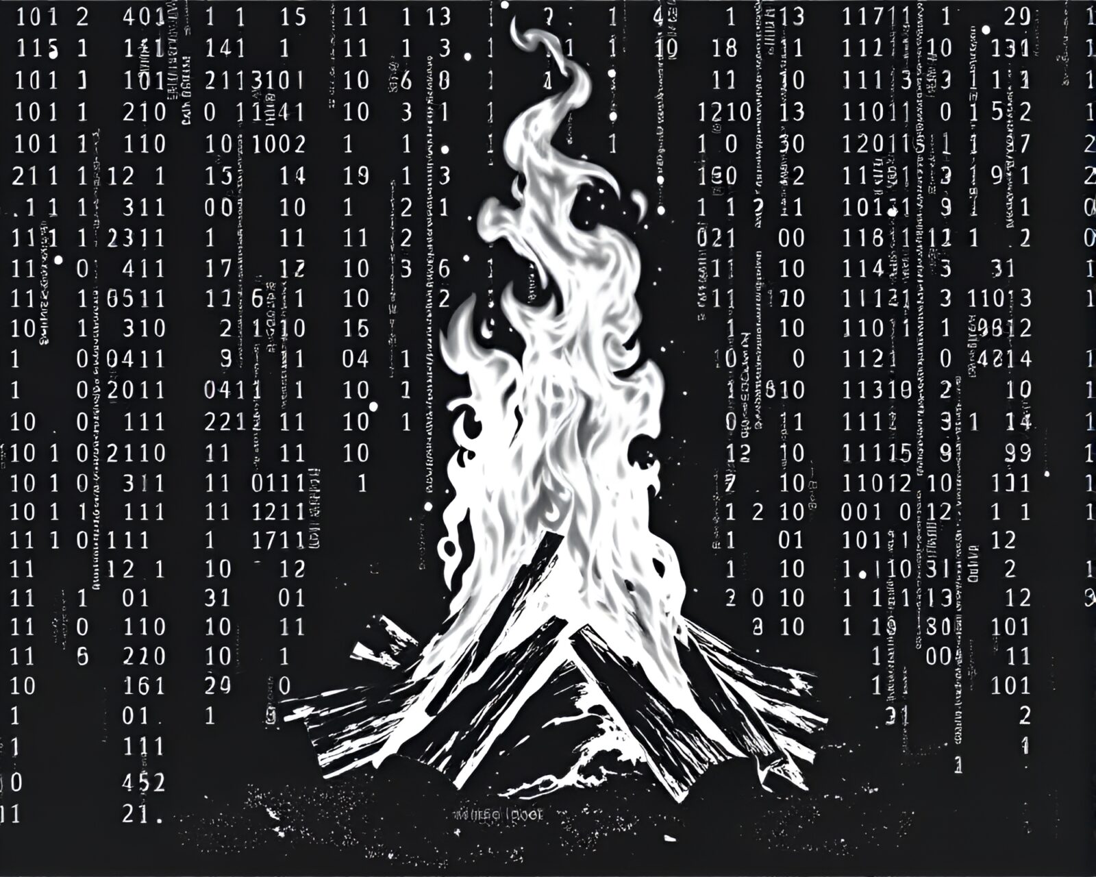 Cutout collage of binary code symbols in black and white by bonfire light