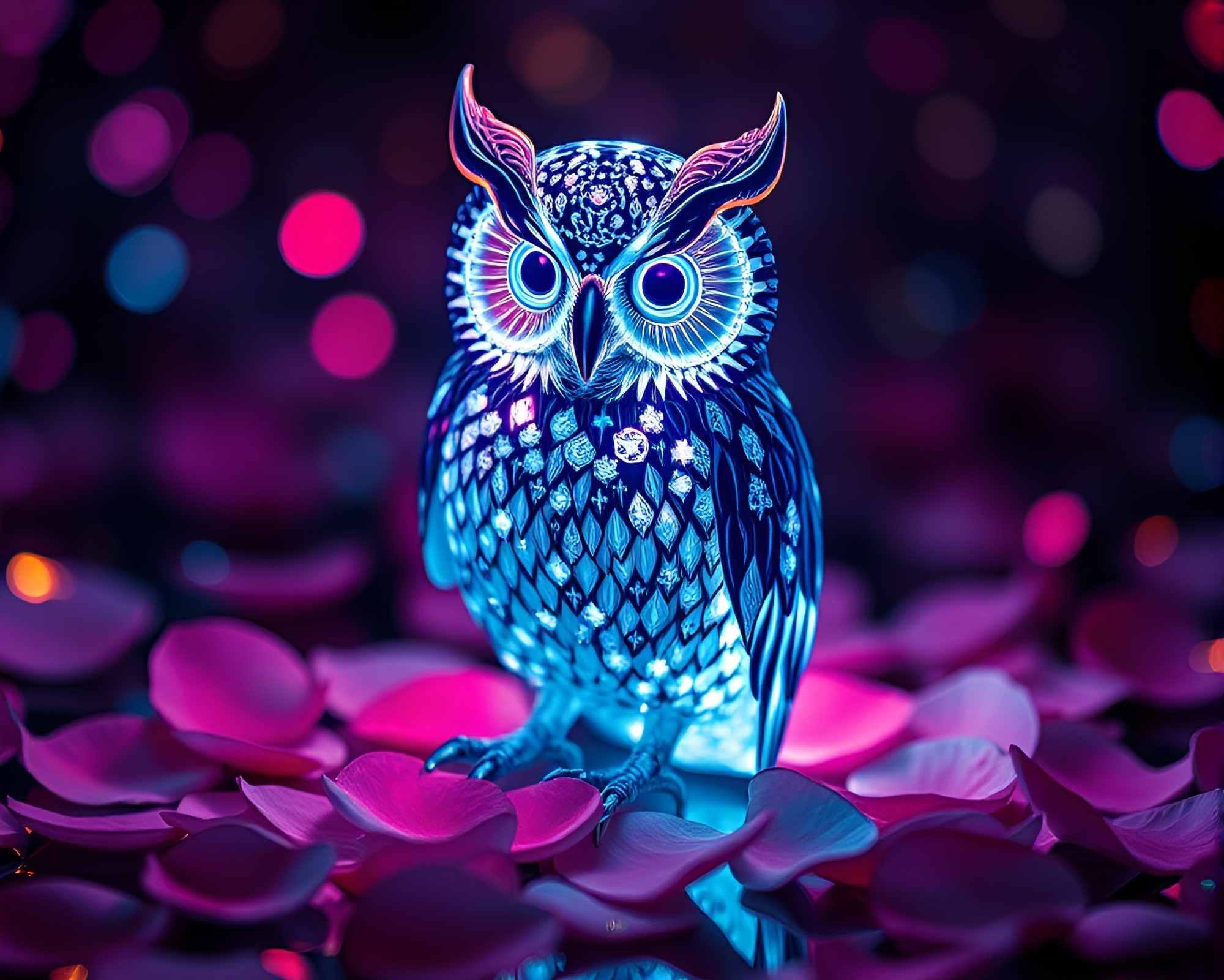 Clockwork Owl Surrounded by Flower Petals & Holographic Light Leaks – free AI stock image