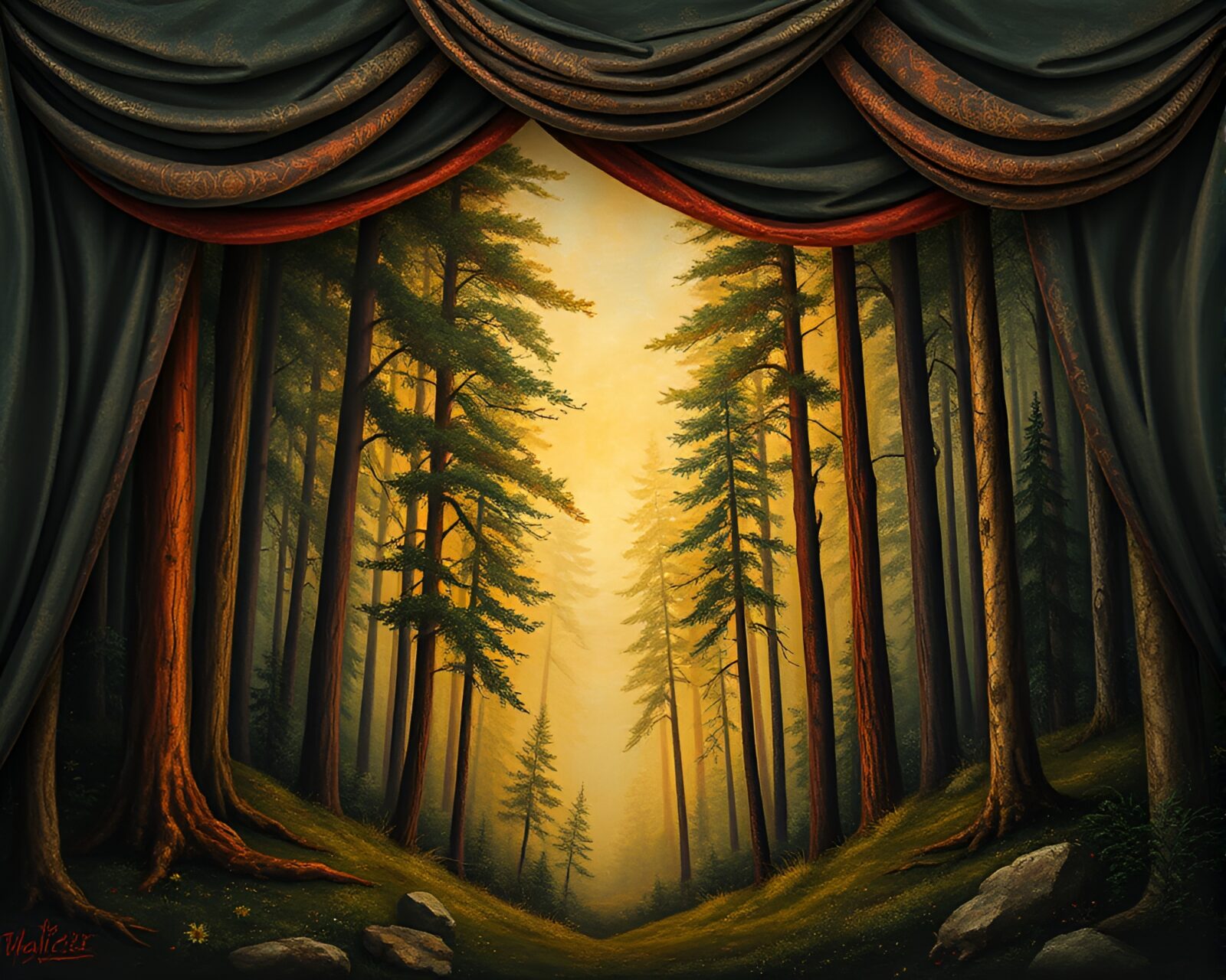 Ethereal image of fabric folds in forest setting with opera house glow