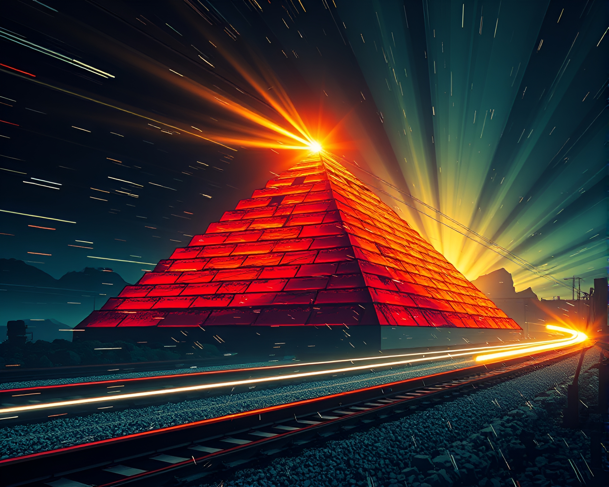 Stardust Pyramid Train Light Trails Comic Adventure – free AI stock image