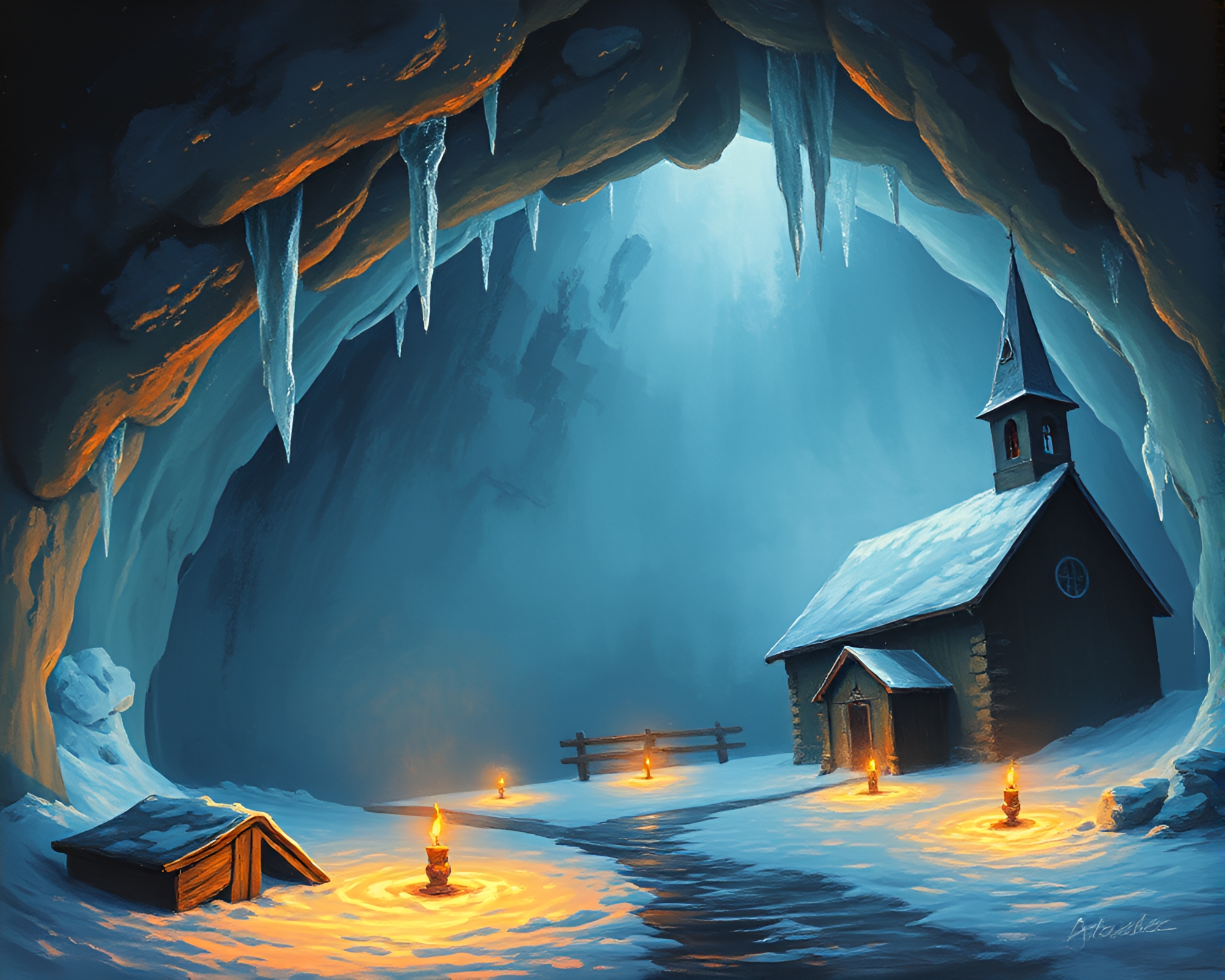 Frozen Church Illumination in Underground Ice Bunker – free AI stock image