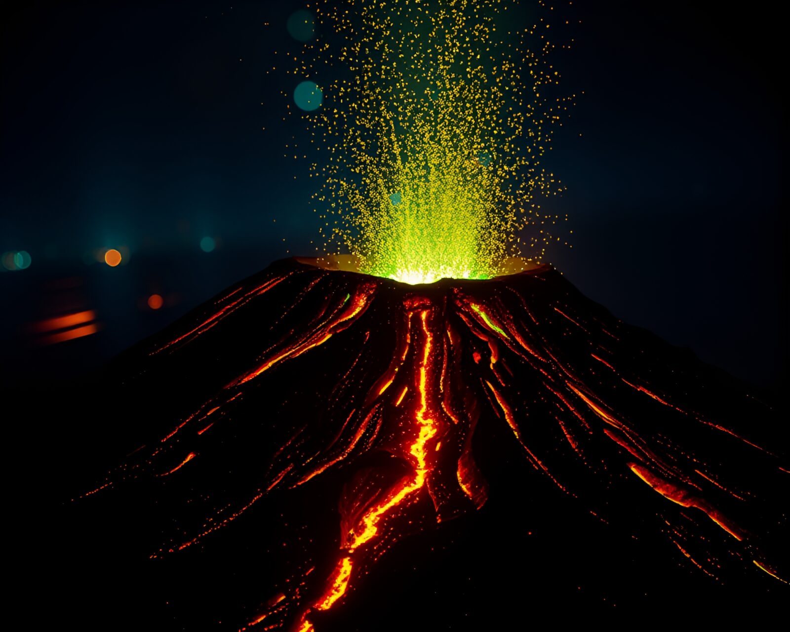 Blue-green copper erupting volcano glowing in fluorescent haze