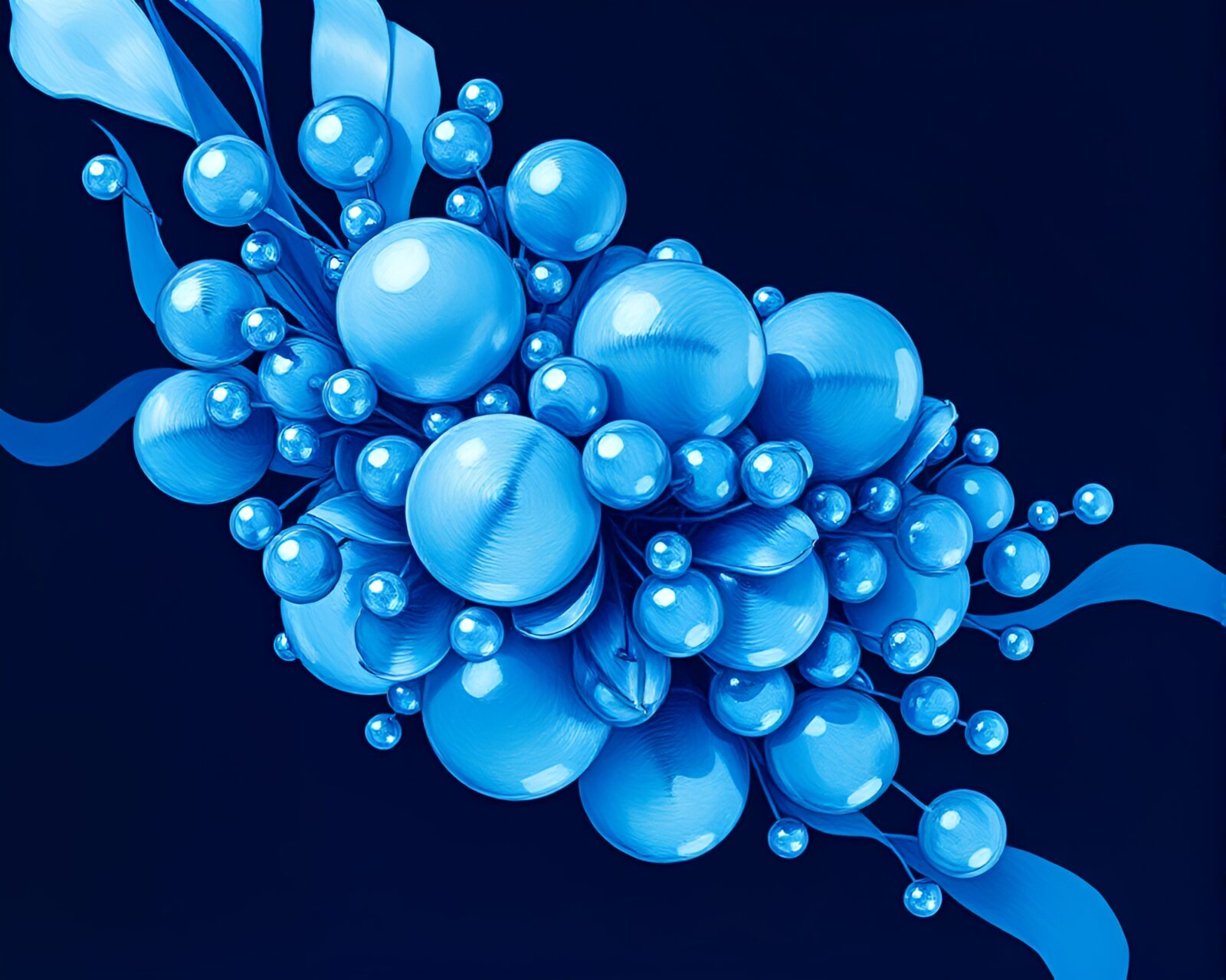 Abstract steel-blue bubbles intertwined with smooth ribbon swirls
